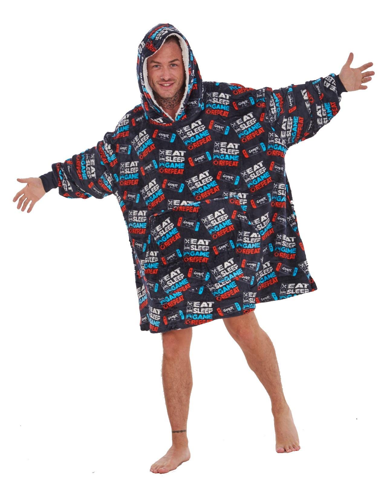 Gamer Men's Eat Sleep Game Repeat Design Fleece Oversized Hoodie - Super Soft Lounger Blanket Hoody - 100% Polyester - Available In Adults And Kids Sizes