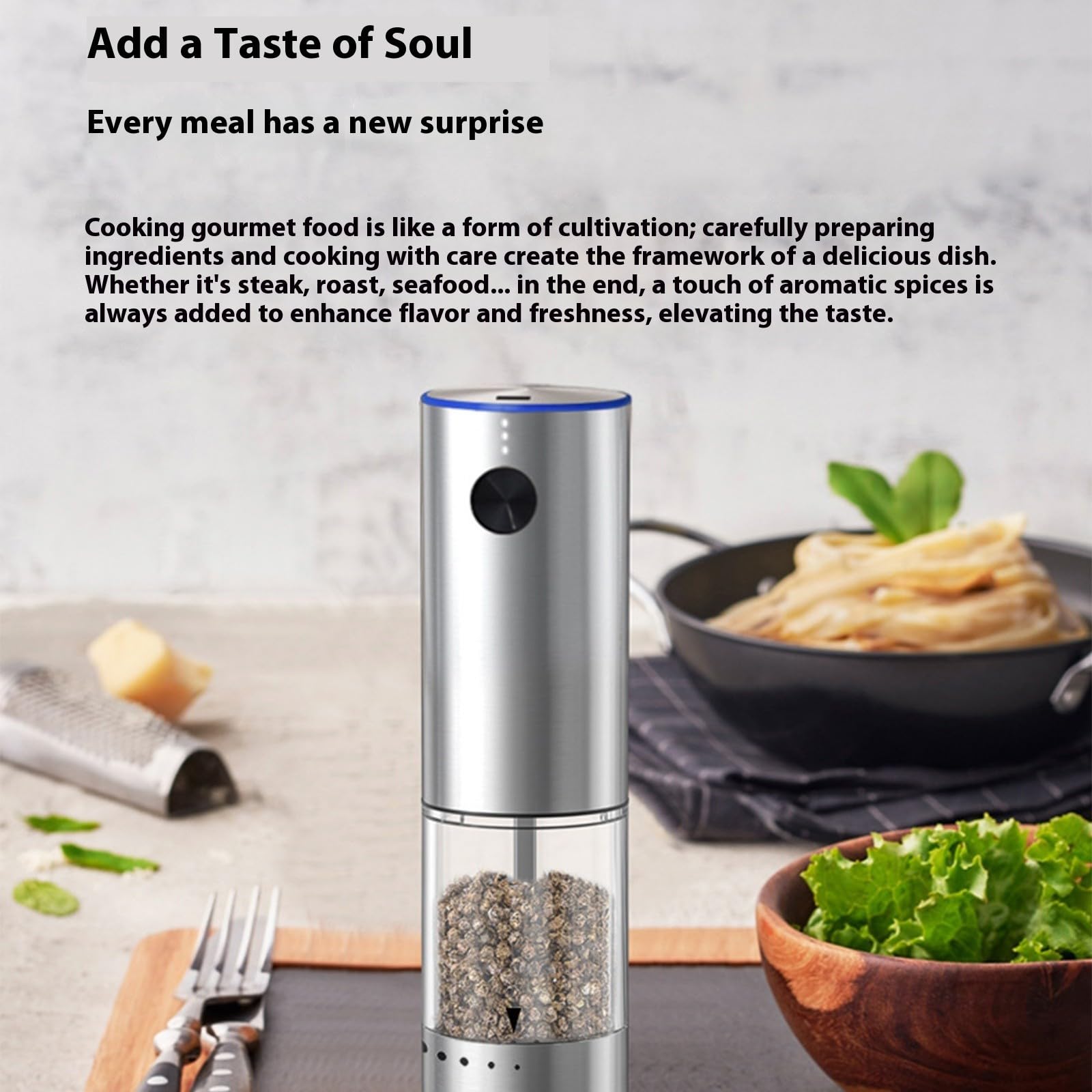 Macinino elettrico automatico per spezie, regolabile con impostazioni grossolane/fini, batteria ricaricabile e gadget da cucina in ABS, camera trasparente