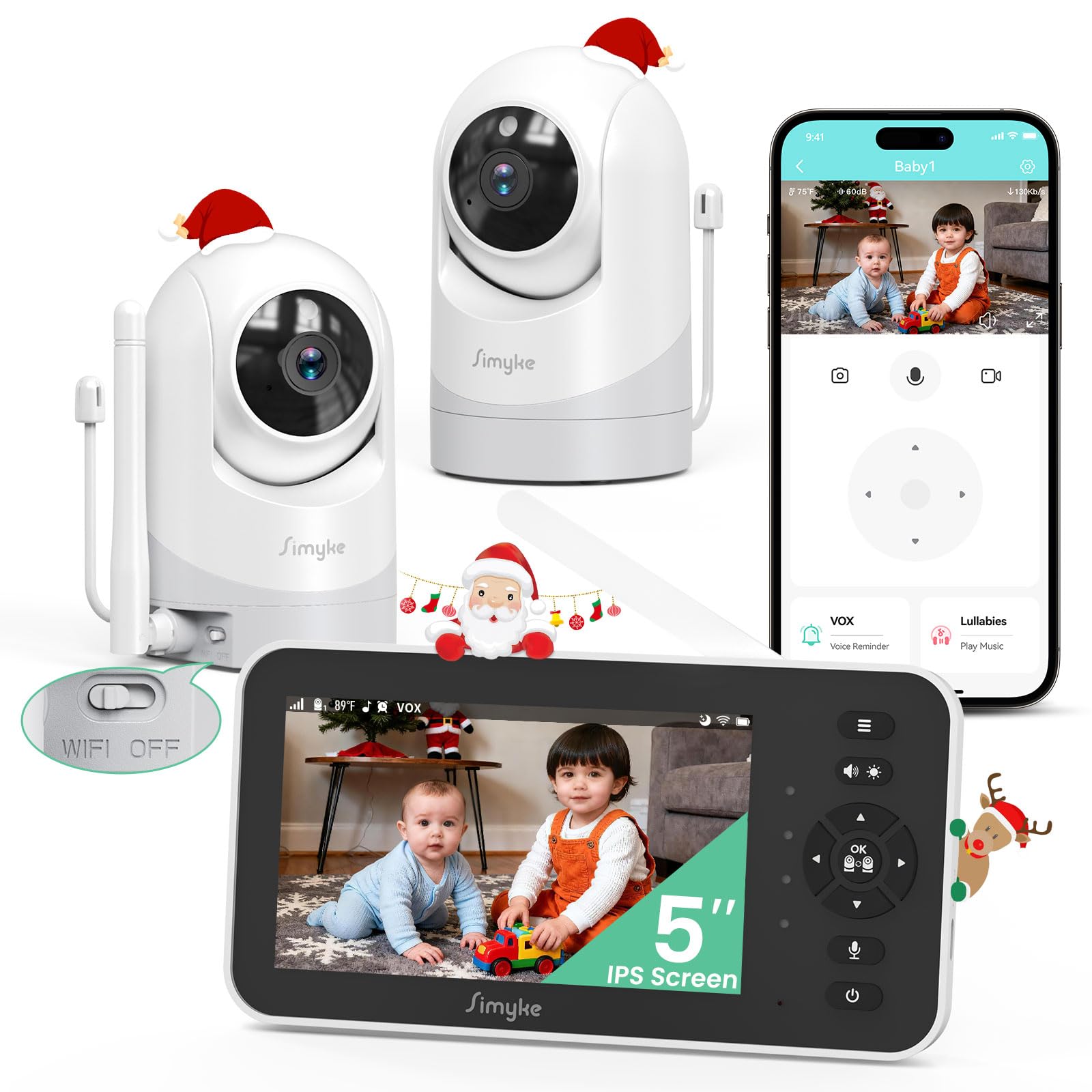 Simyke 1080P Video Baby Monitor with 2 Camera- 5'' IPS Screen with App Control, HD Night Vision, Motion Alerts, 2-Way Talk