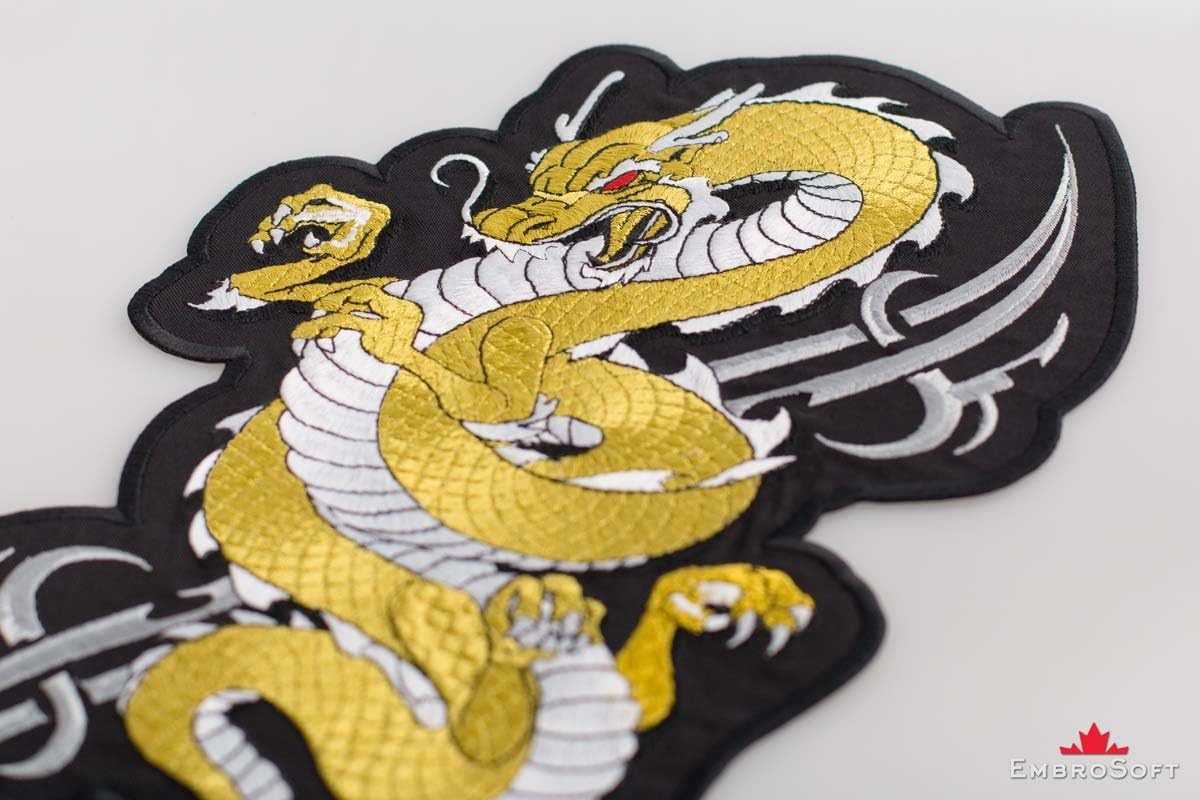 Golden Dragon Embroidered Patch Iron On (9.1" x 15.1", Turned to The Left Side)