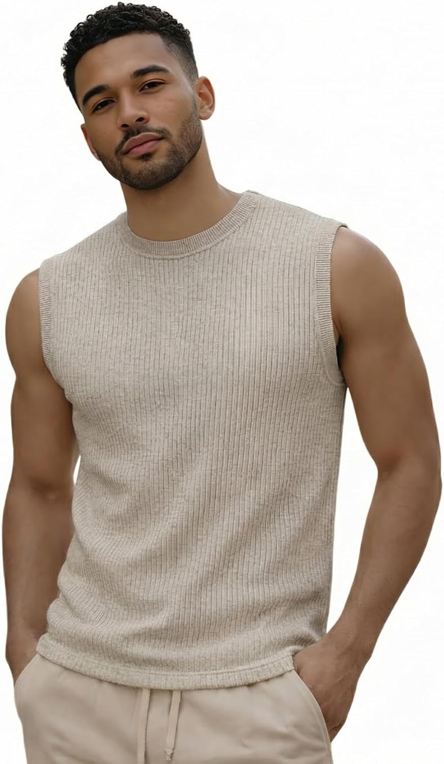 Mens Knit Sleeveless Tank Top Vest Stretchy Soft Breathable Fabric Slim Fit Pullover Lightweight Summer Muscle Tee