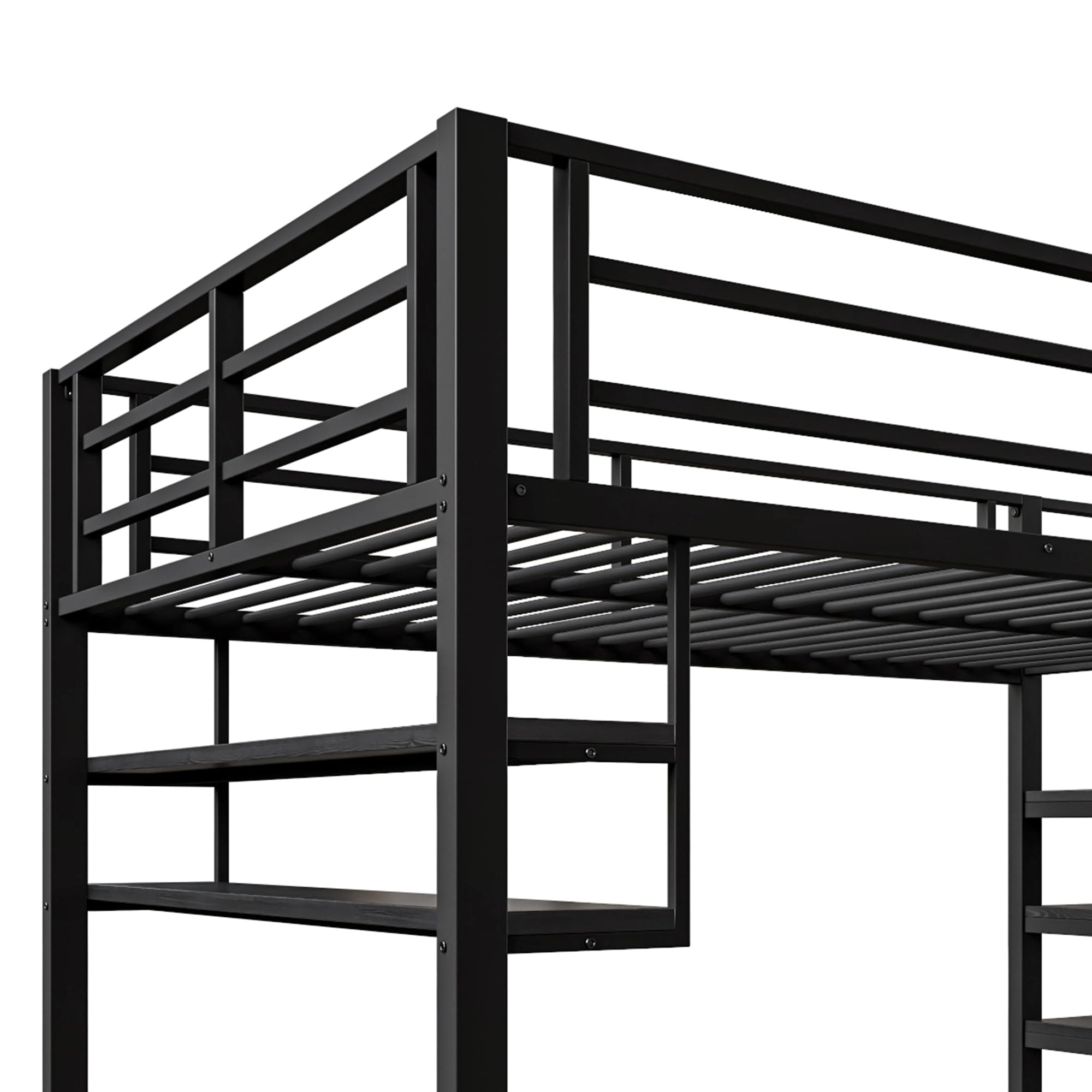 SACOOL Letto a soppalco, 140 x 200 cm, ripiano per riporre spazio sotto il letto, per il rivestimento, ringhiera senza materasso, colore nero