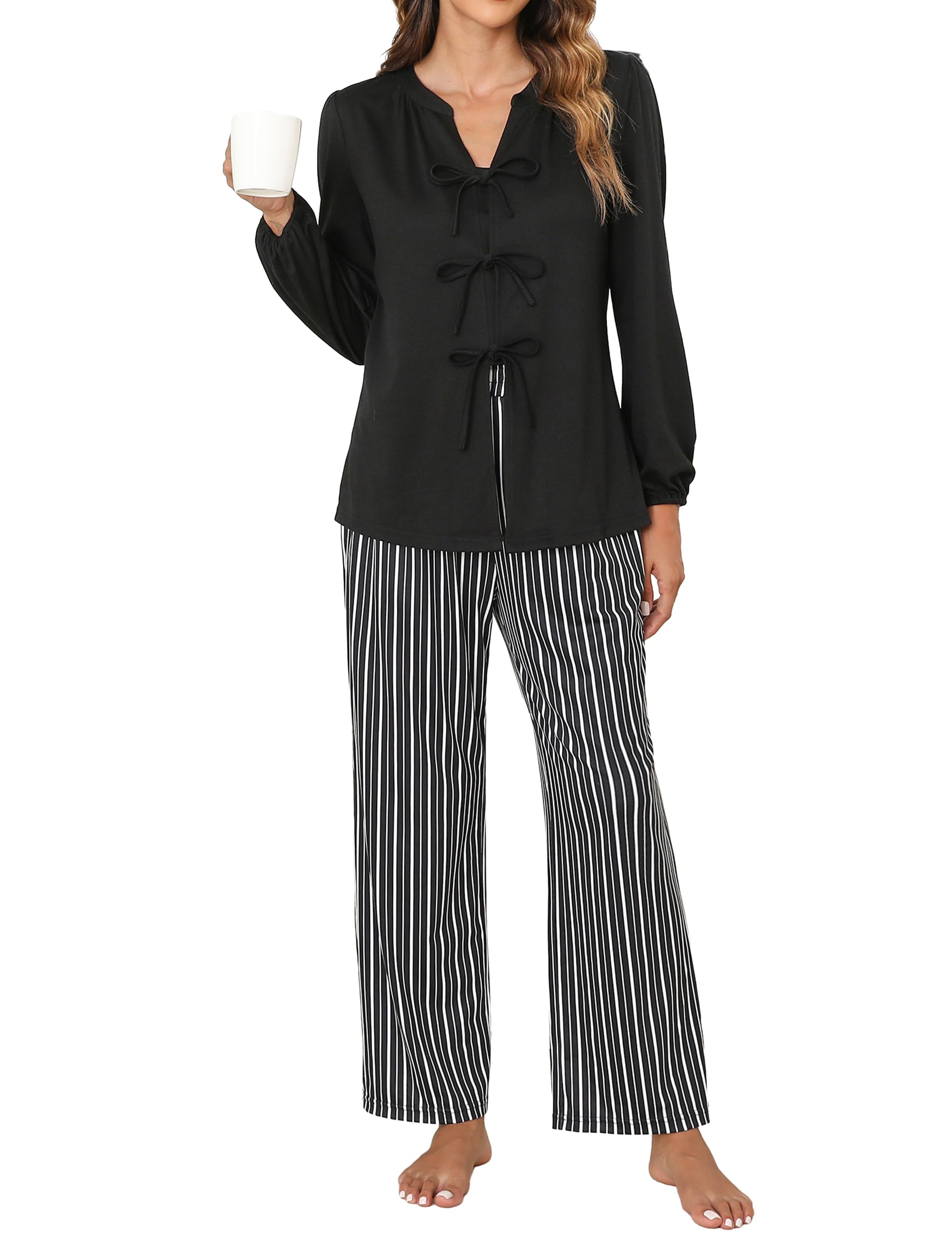 Blooming Jelly Women's Pajamas Set 2 Piece Lounge Pjs Sets Fall Outfits Long Sleeve Tie Front Tops Loungewear with Pockets