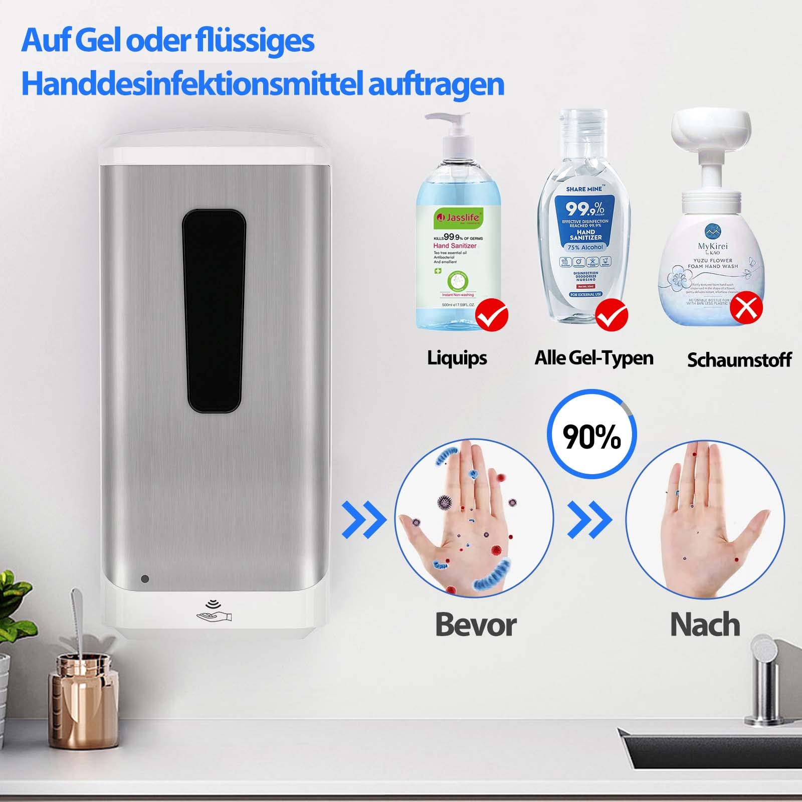 Automatischer Seifenspender, Jewaytec 1000ML Wandmontage Edelstahl Design Desinfektionsspender Sensor Auto Touchless Flüssigkeitsspender für Hotel, Büro, Haus, Restaurant, Silber