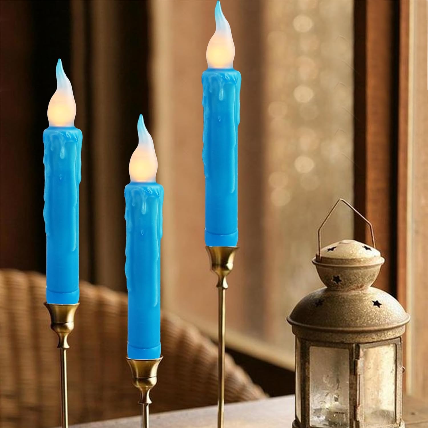 Magical Candlesticks Flameless Taper Candle, 4pcs Real Wax LED Tapered Candles Remote Dipped Candle 6inch Battery Chandelier for Enchanting Weddings and Harry Potter Inspired Vigils(Blue)