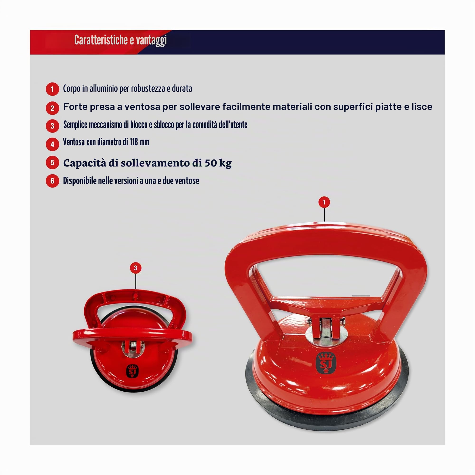Spear & Jackson ASCS118 - Ventosa Singola ad Alte Prestazioni – Capacità di Sollevamento 50 kg – Sistema di Bloccaggio e Rilascio Facile