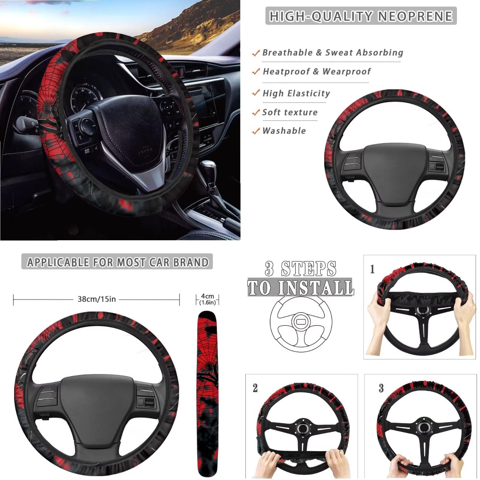 Set di coprisedili per auto, motivo ragnatela, coprisedili anteriori e posteriori, coprivolante, leva del cambio + copribracciolo, cuscinetti per cinture di sicurezza, pattumiera