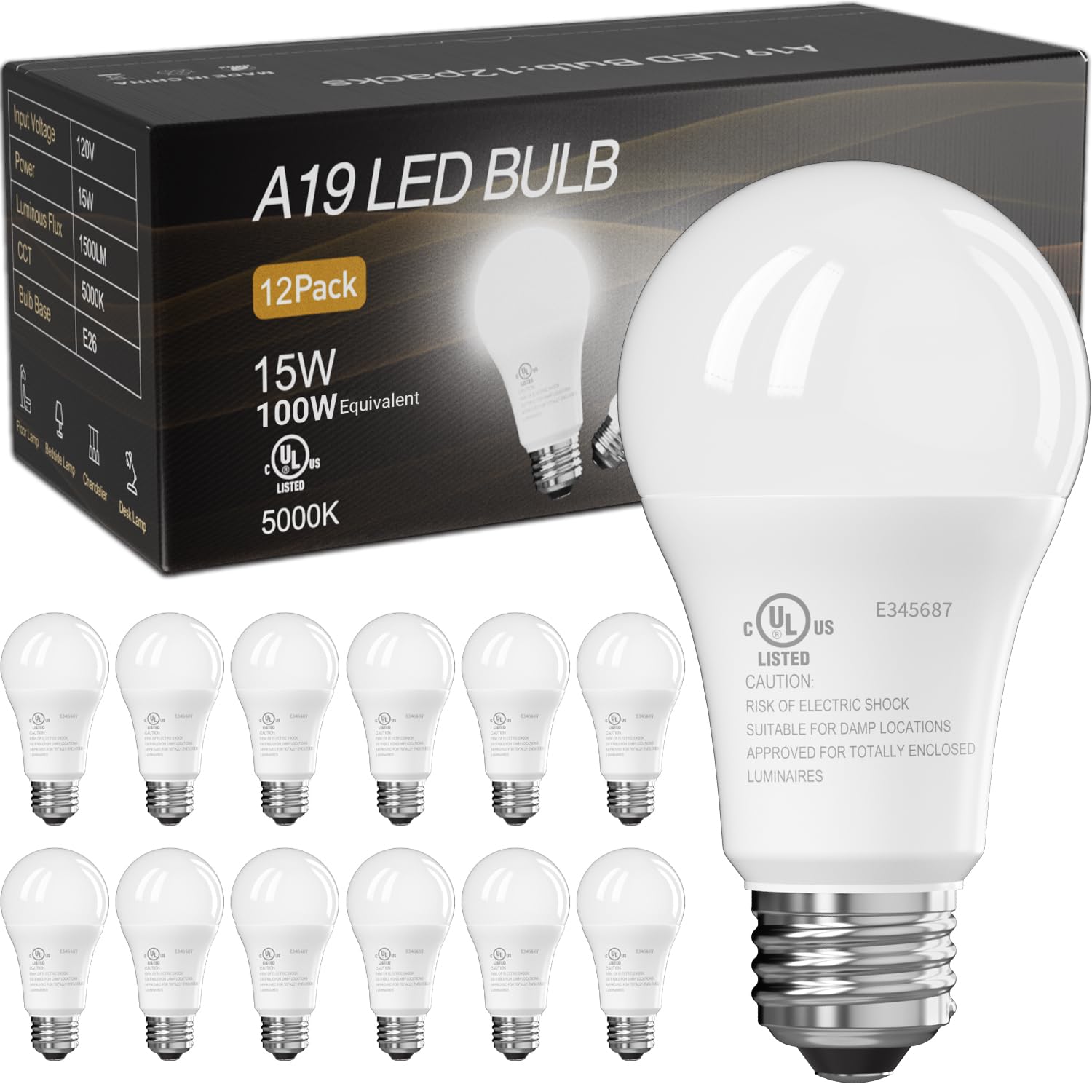 TJOY 12 Pack LED Light Bulbs 100 Watt Equivalent A19 5000K Daylight LED Bulb 15W Bright White Energy