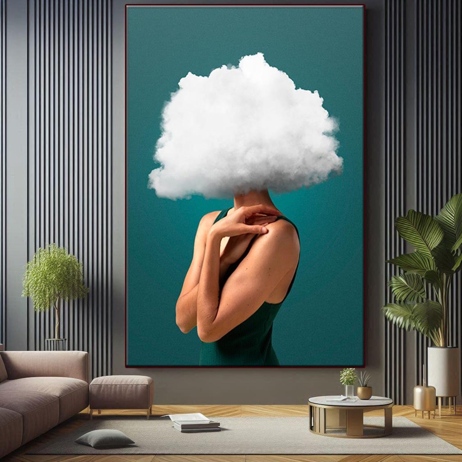 LMYCHENG Chmura głowa kobiety plakaty i druki nowoczesne marzycielskie płótno ścienne minimalistyczny obraz surrealistyczna abstrakcyjna grafika kobieca (70x100 cm/bez ramki)