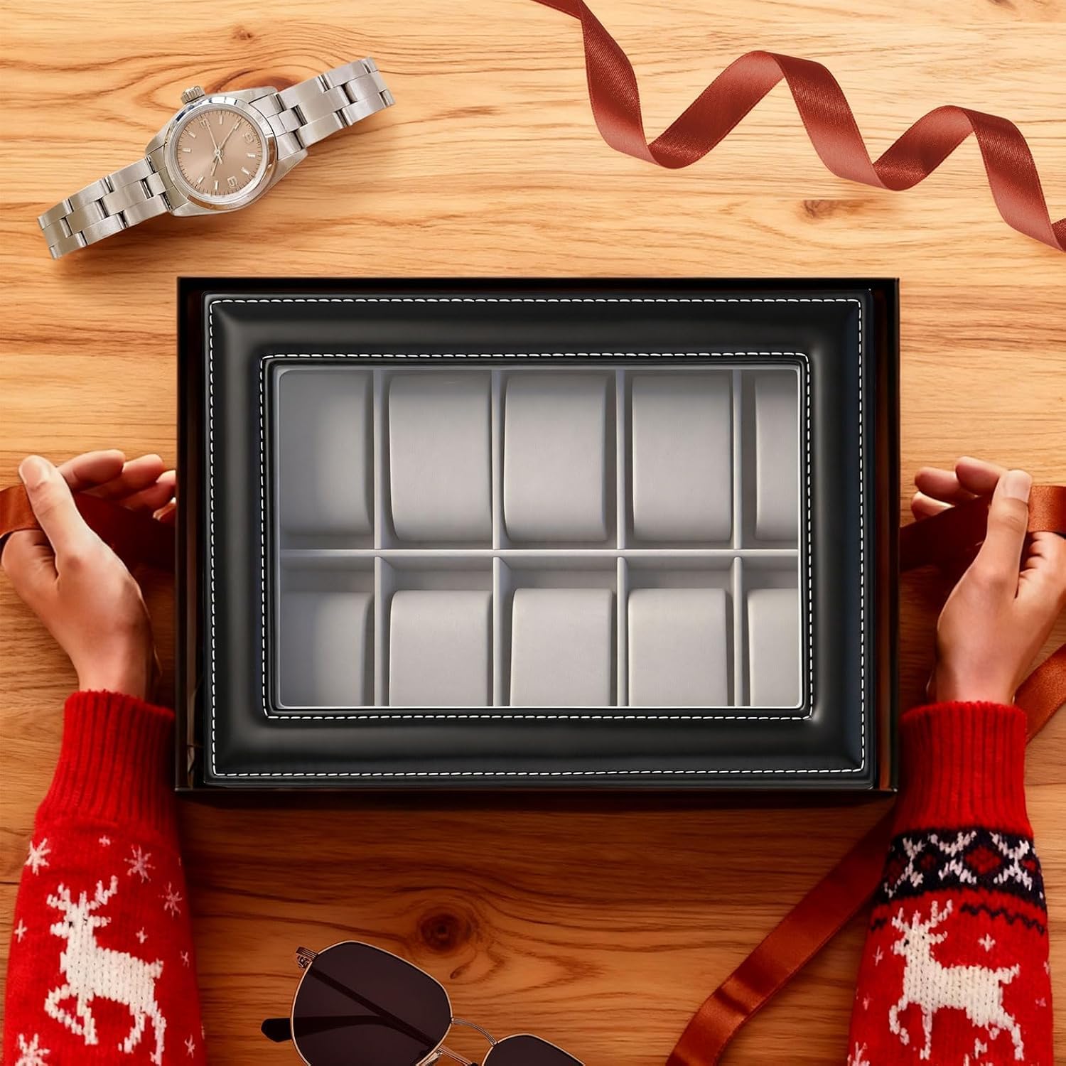 Caja de Relojes con Dos Capas, Estuche Relojero Organizador, Tapa de Cristal, PU Negro