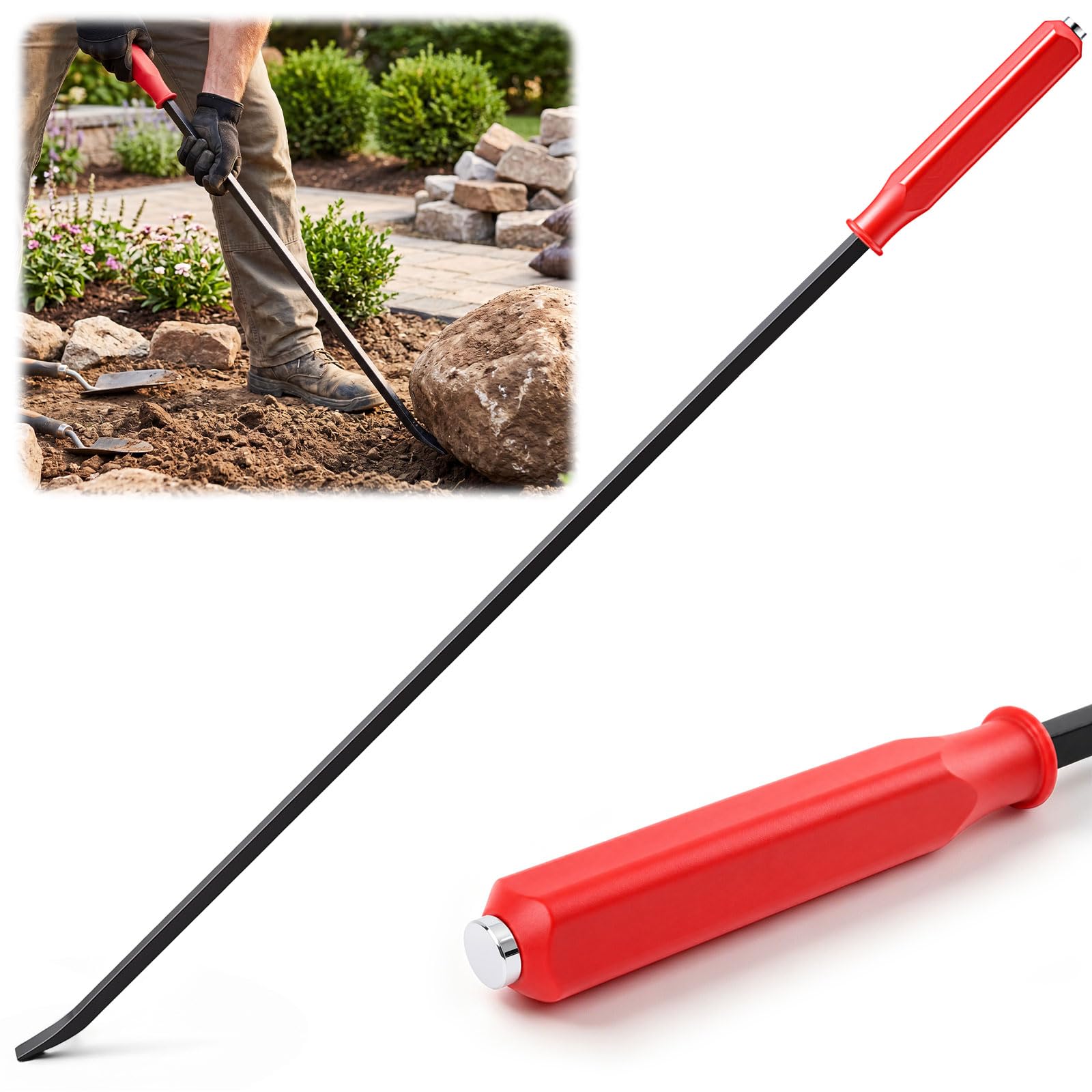 54 Inch Metal Striking Cap Pry Bar Long Heavy Duty Pry Bar with Mechanic's Handle for Positioning Aligning Prying Iron Worker Tools (Red)