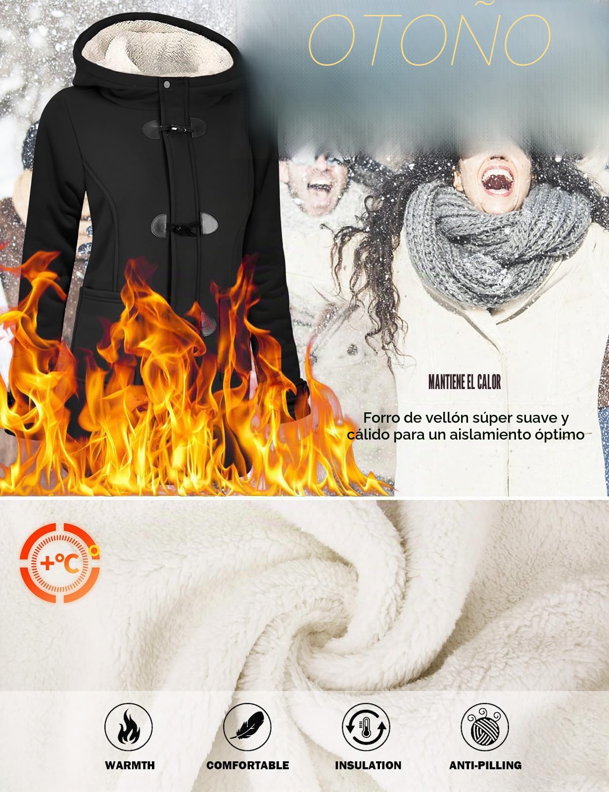 Nadeer Mujer Abrigos con Horn Botones Cálida Chaqueta con Capucha Invierno Elegantes Moda Casual Jacket Chaqueta Polar Abrigo