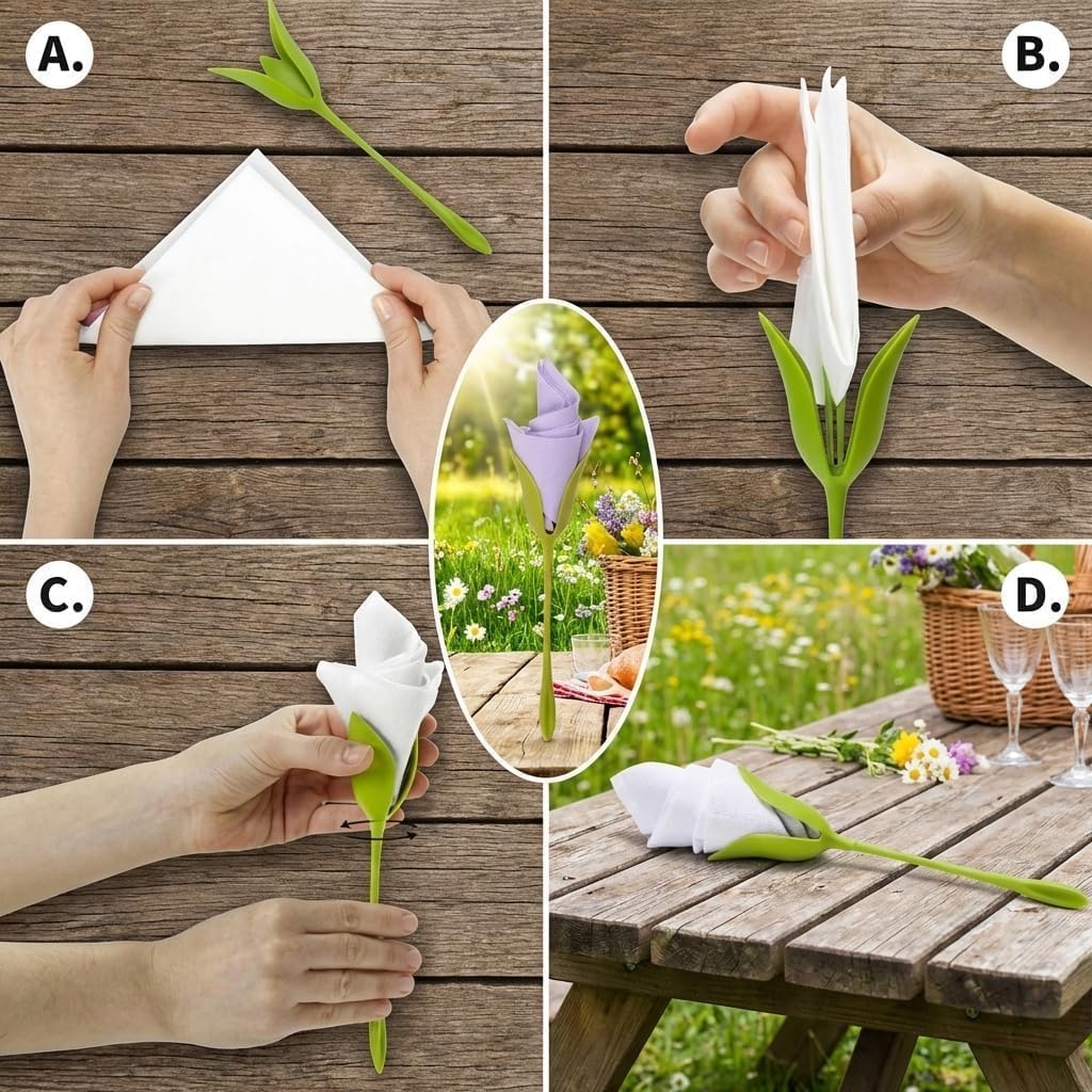 8PCS DIY Rose Napkin Holders, Origami Flower Tools, Made of ABS, Green, Suitable for Romantic Wedding Table Settings and Party Decorations