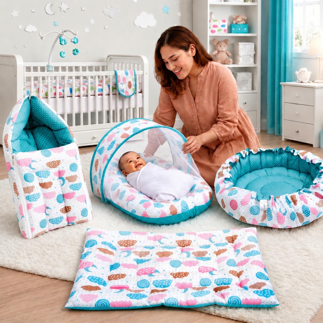 Infantbond Baby Mattress with net | Baby Carry Bag | 4 Pcs Bedding Set | Baby Nest (0-6 Months) (Pista Green Sprial) (Full Set Nest)-image-37