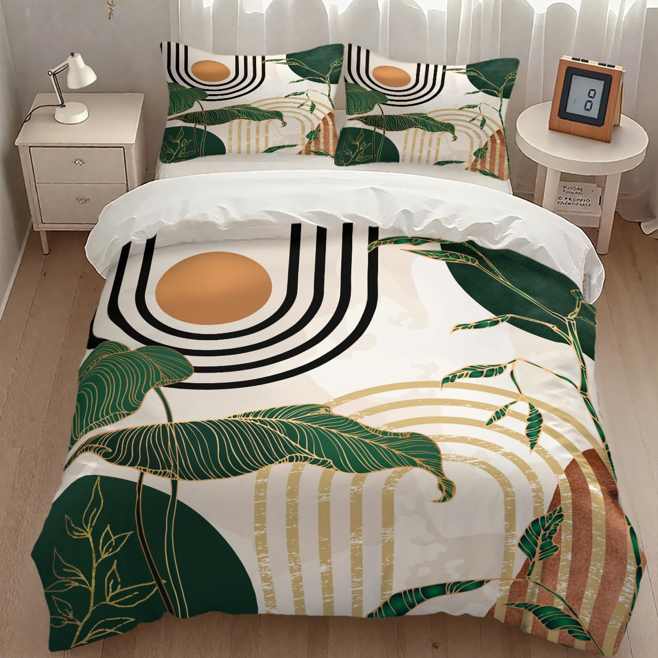 Boho Leaf Bedding Set,Mid Century Green Tropical Plant Palm Leaves Abstract Minimalist Geometic Arch Modern Comforter Set with Pillowcase for Bedroom Bed Decor,Full 79"x90"