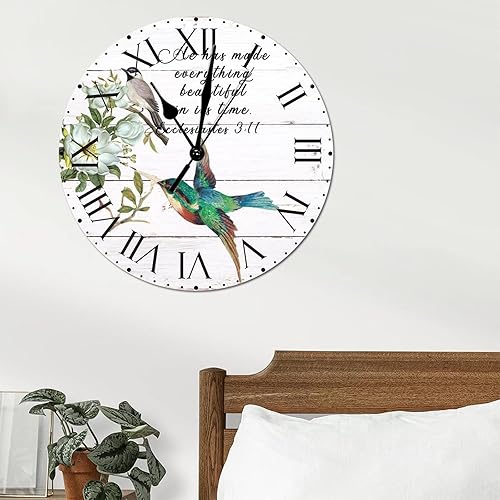 Miniatura 108 de ArogGeld He Made Everything Beautiful - Reloj de pared de PVC con flores rosadas, colibrí, reloj de pared grande con cita y números romanos, reloj