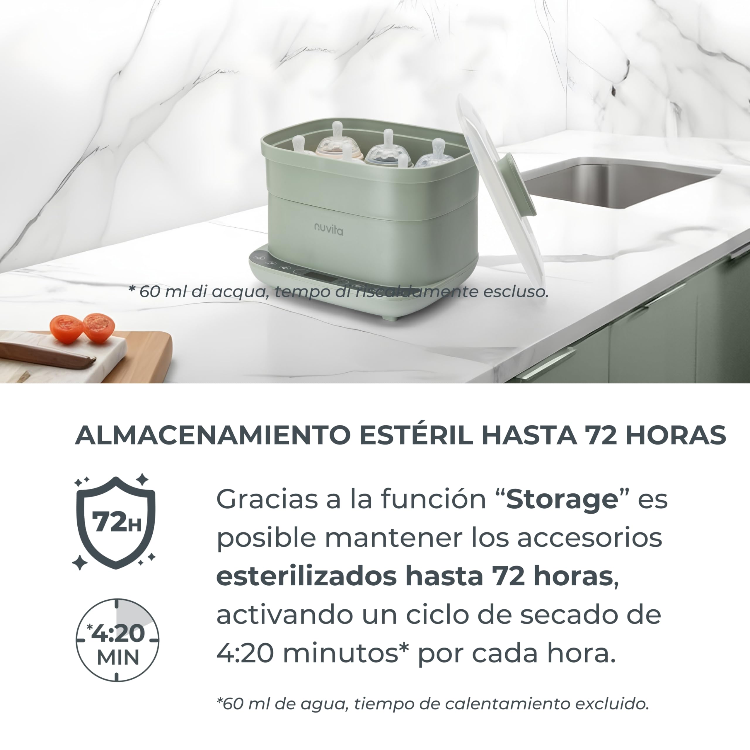 Nuvita 1088 SteriDry Esterilizador y Secador 2 en 1 para Biberones - Esterilización al Vapor 99,99%, Filtro HEPA para Secado Purificado, Conservación Estéril 72H, Gran Capacidad, Temporizador