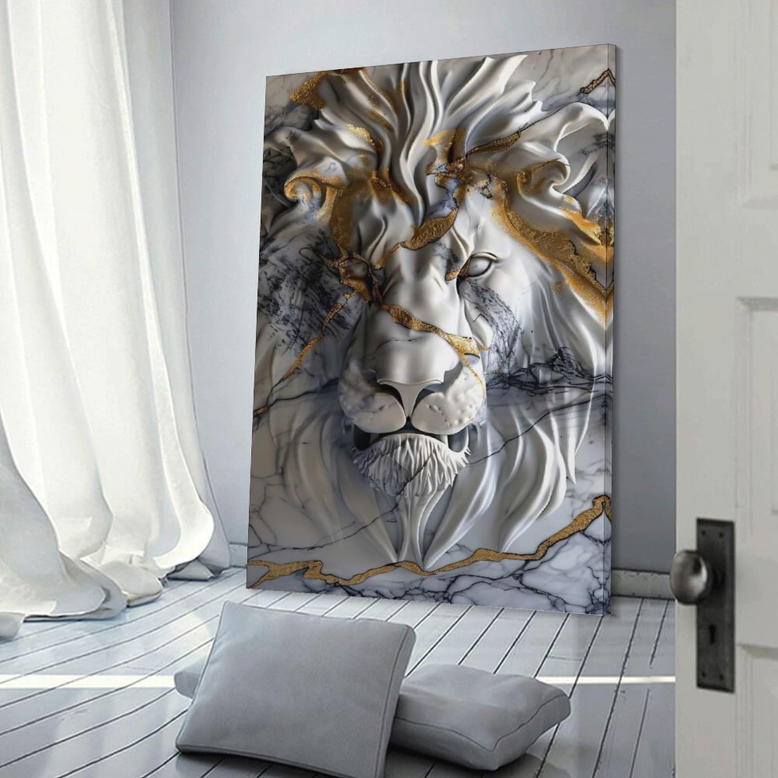 Junmoney Canvas Wall Picture Marble Lion Head with Gold Inlay, 24x36inch(60x90cm), for Hallway, Bedroom Or Modern Interiors, Home Decor Gift with Stylish Appeal