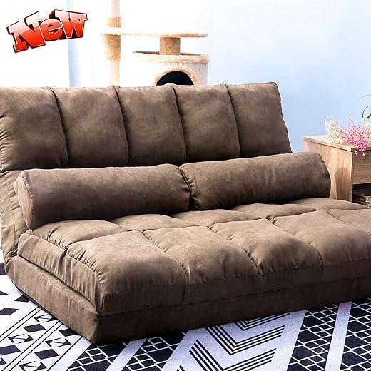 DANGRUUT Thicken Floor Double Chaise, Folding Lounge Sofa/Couch Bed, Floor Gaming Chairs, Adjustable Fabric Lazy Sofa Softly Cushioned with Two Pillows for Living Room and Bedroom (Brown)