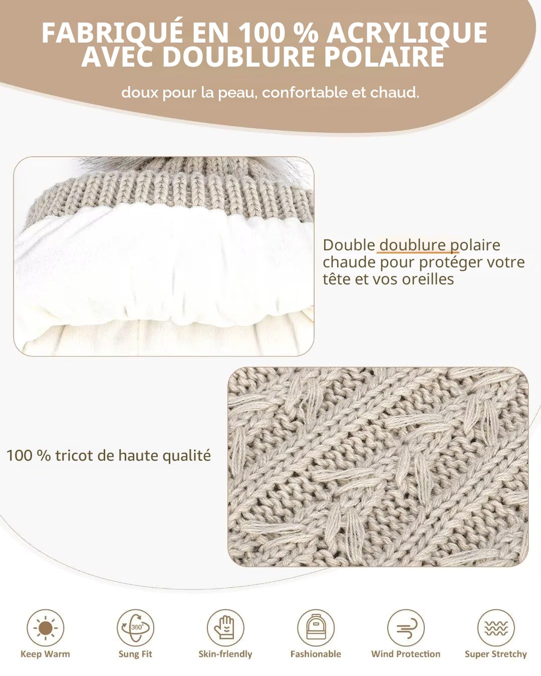 Winuesa Ensemble bonnet, écharpe et gants pour femme, bonnet d'hiver pour femme avec pompon doublé en polaire chaud, bonnet à pompons, gants pour écran tactile, écharpe, cache-cou, ensemble 3 en 1