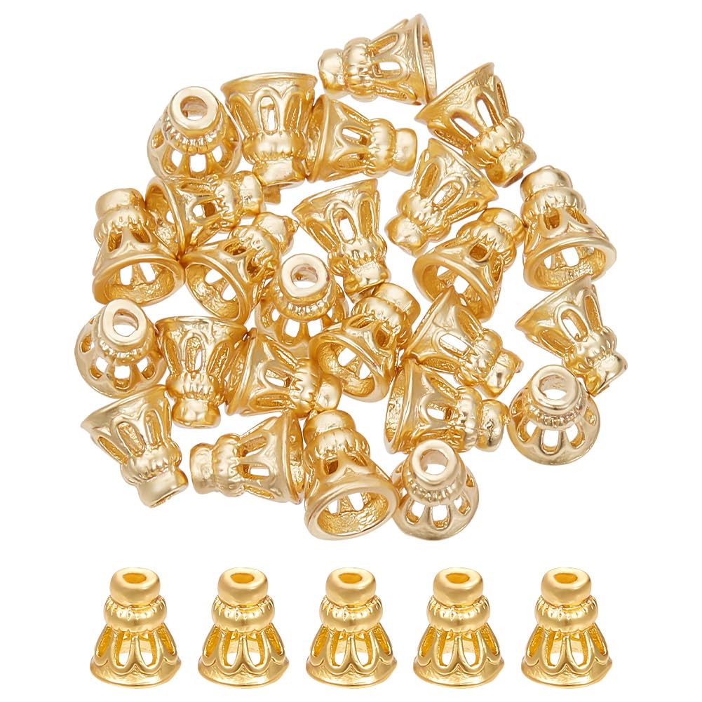 GOMAKERER 24 Pcs Brass Cone Bead Caps, Brass Bead Cones Real 14K Gold Plated Spacer Beads Golden Openwork Beads for Jewelry Making Bracelets Necklace DIY Craft Supplies
