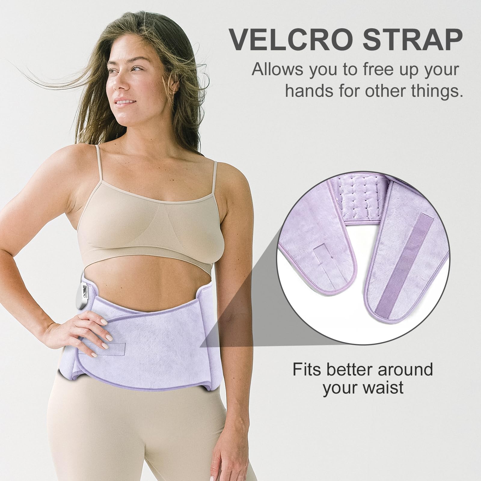 Cuscinetto termico elettrico per alleviare il dolore alla schiena, con 6 temperature, morbido cuscinetto termico rimovibile con velcro, per addominali, collo, spalle (viola chiaro)