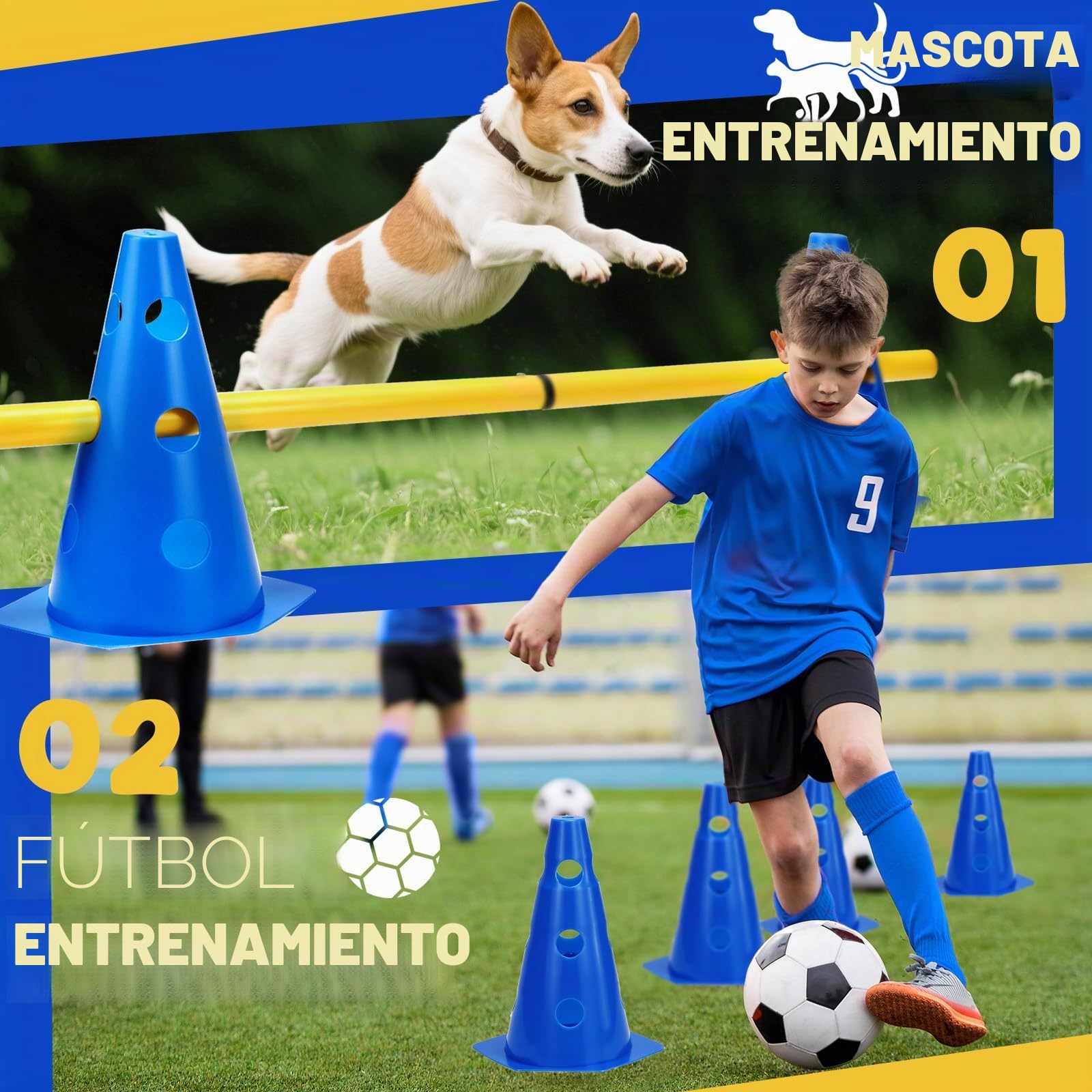 Agility Set Perros Barreras Juego de Obstáculos Niños Obstáculos para Niños Perros Parcurso para Saltar, Perro Cavaletti, 8 conos de 23 cm de altura + 8 barras de 80 cm de largo, para
