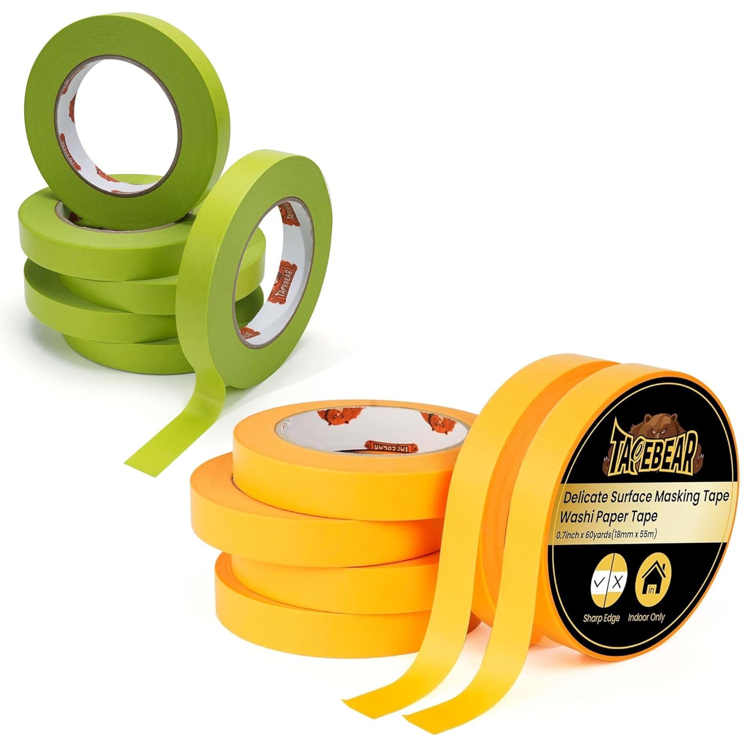 TAPEBEAR Advanced Painters Tape, 21-Days Clean Removal Green Washi Masking Tape, Orange Washi Tape 0.7" x 60Yard