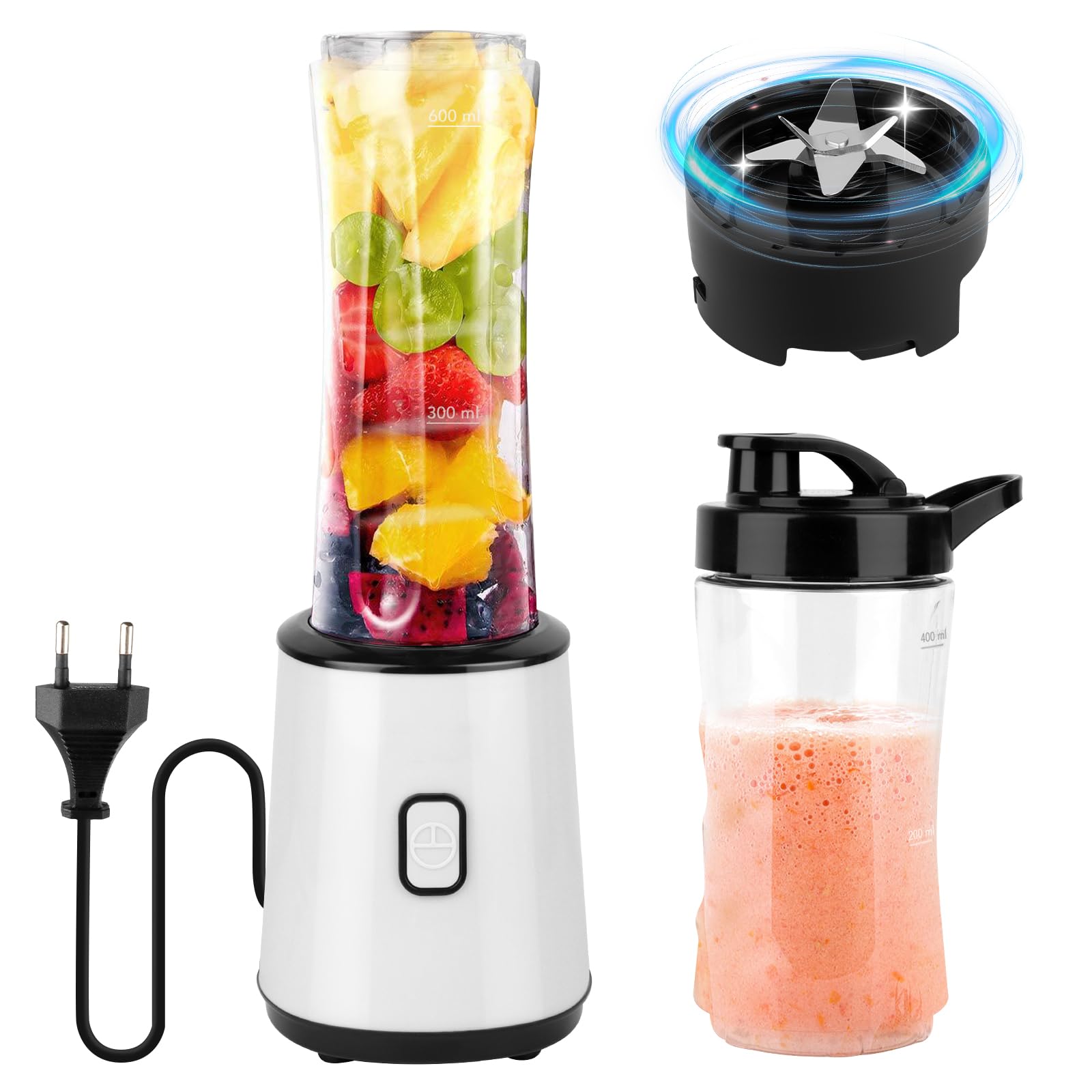 Batidora Smoothies, Mini Batidora Eléctrica, Batidora, Licuadora Portátil, Mezcladora, Libre de BPA, 23,000 RPM, Diseño de Doble Vaso (600ml + 400ml) con Botellas Deportivas para Viaje, 300W