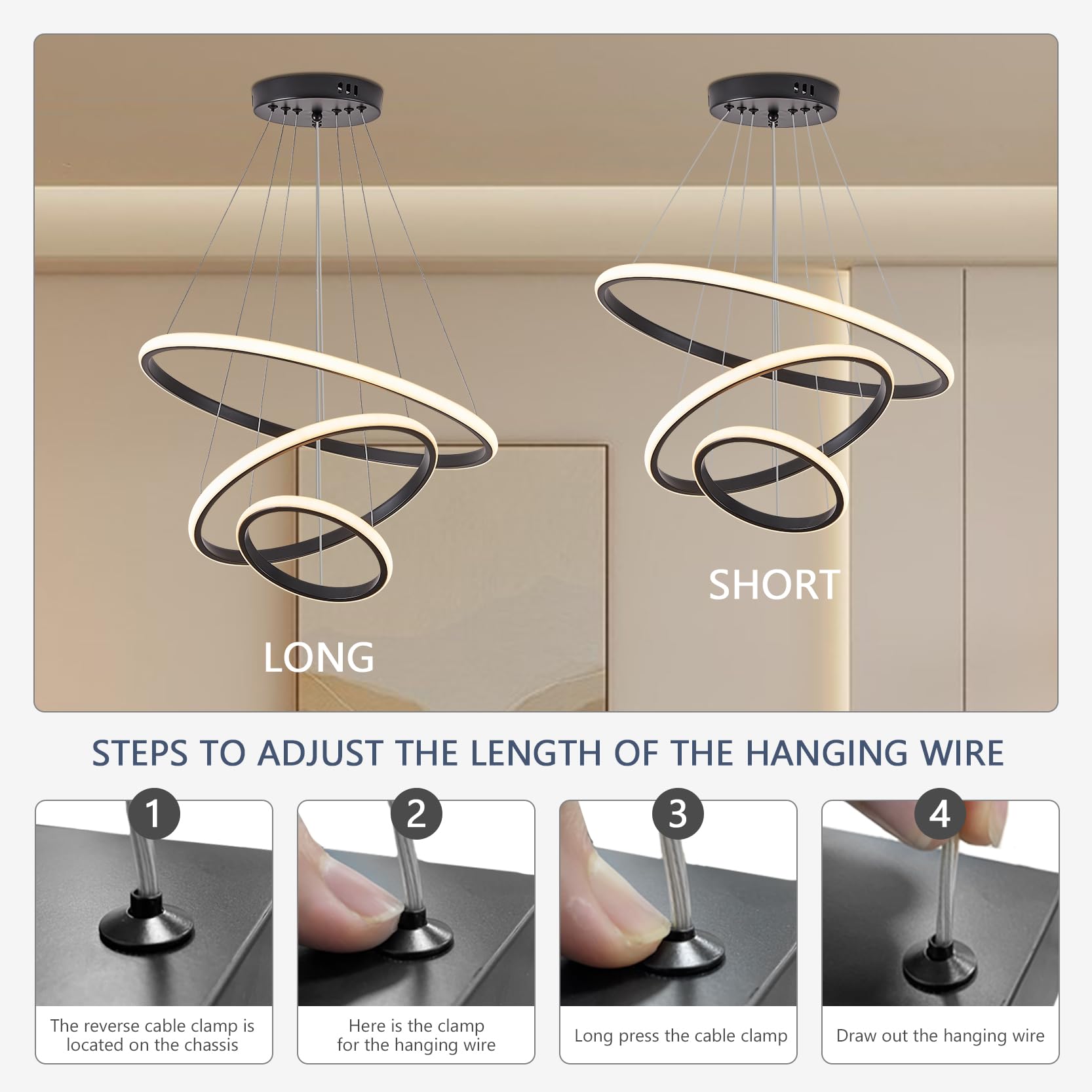 YOODI Lampa Wisząca LED Do Jadalni Regulacja Jasności Za Pomocą Pilota I Aplikacji 50+35+20cm 3 Pierścienie świetlne 45W 3000K–6000K Nowoczesna Lampa Wisząca LED Maksymalna Wysokość 150cm