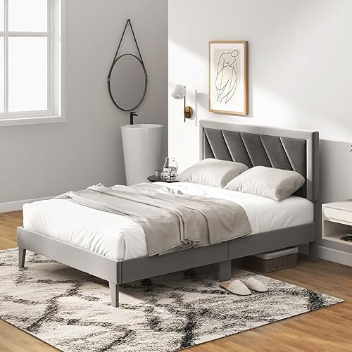 Miniatura 8 de Giantex Base de cama de terciopelo de tamaño individual con cabecero, moderna plataforma tapizada, base de colchón con 12 listones de madera