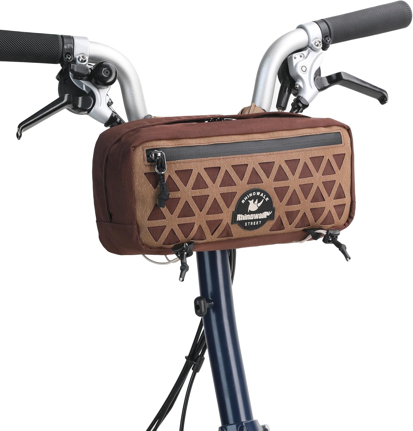 Rhinowalk Handlebar Bag for Brompton Folding Bike & Road Bikes, 1.9L Compact Pouch with Shoulder Strap, 3-Point Mounting, Front Zipper Pocket, Internal Storage for Cycling & Commuting (Dark Brown)