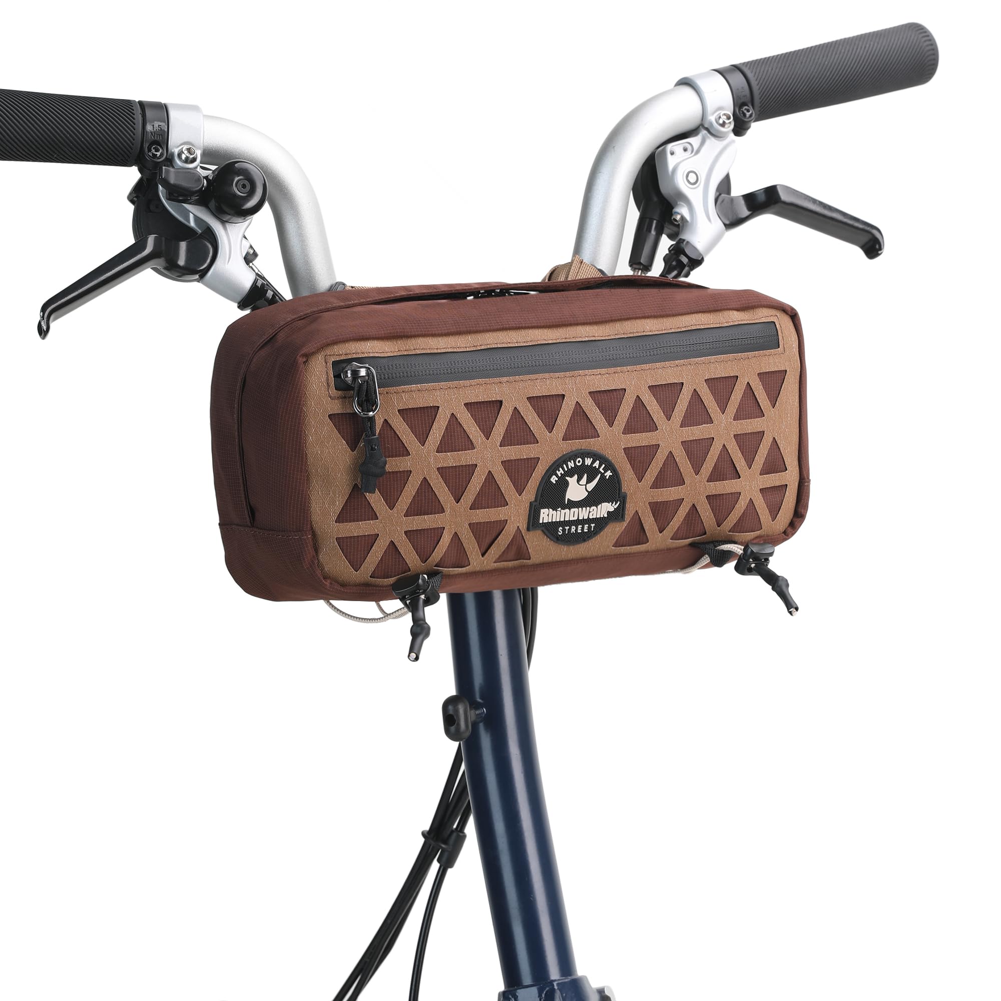 Rhinowalk Handlebar Bag for Brompton Folding Bike & Road Bikes, 1.9L Compact Pouch with Shoulder Strap, 3-Point Mounting, Front Zipper Pocket, Internal Storage for Cycling & Commuting (Dark Brown)