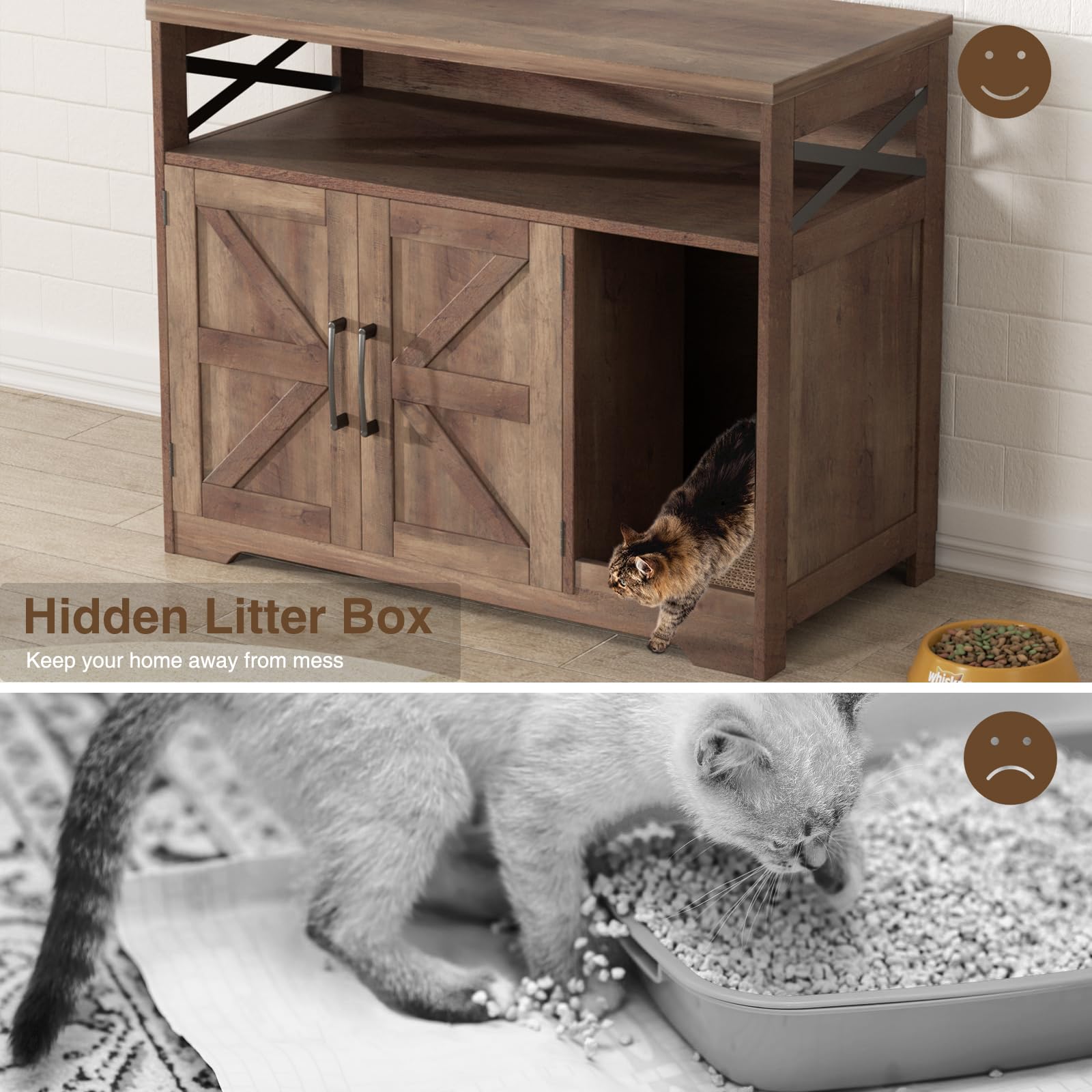 Cat Litter Box Enclosure, Hidden Litter Box Furniture with Scratch Pad, Farmhouse Indoor Cat House Washroom End Table, Retro Brown - image 6