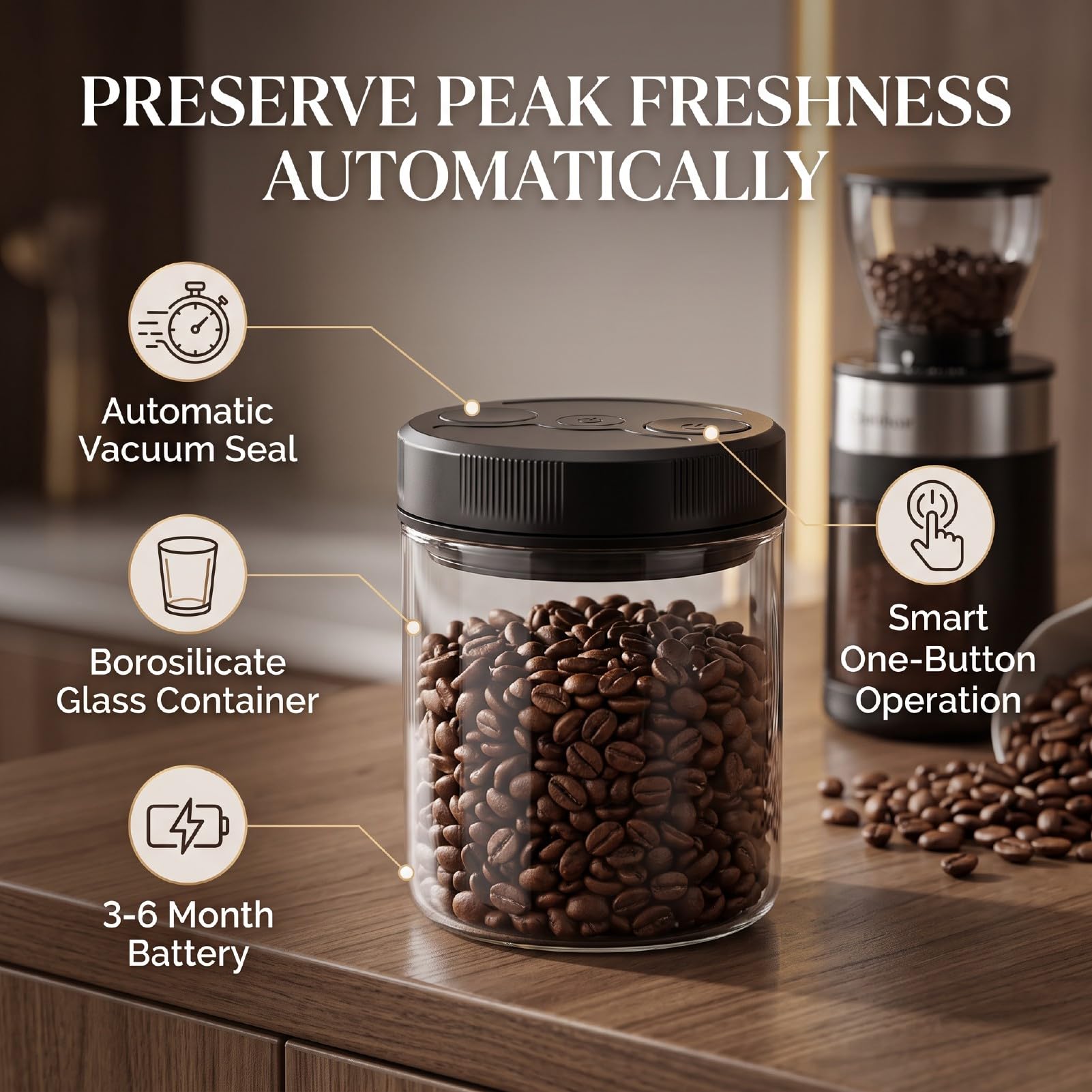 Contenitore Sottovuoto per caffè, Barattolo Automatico in Vetro