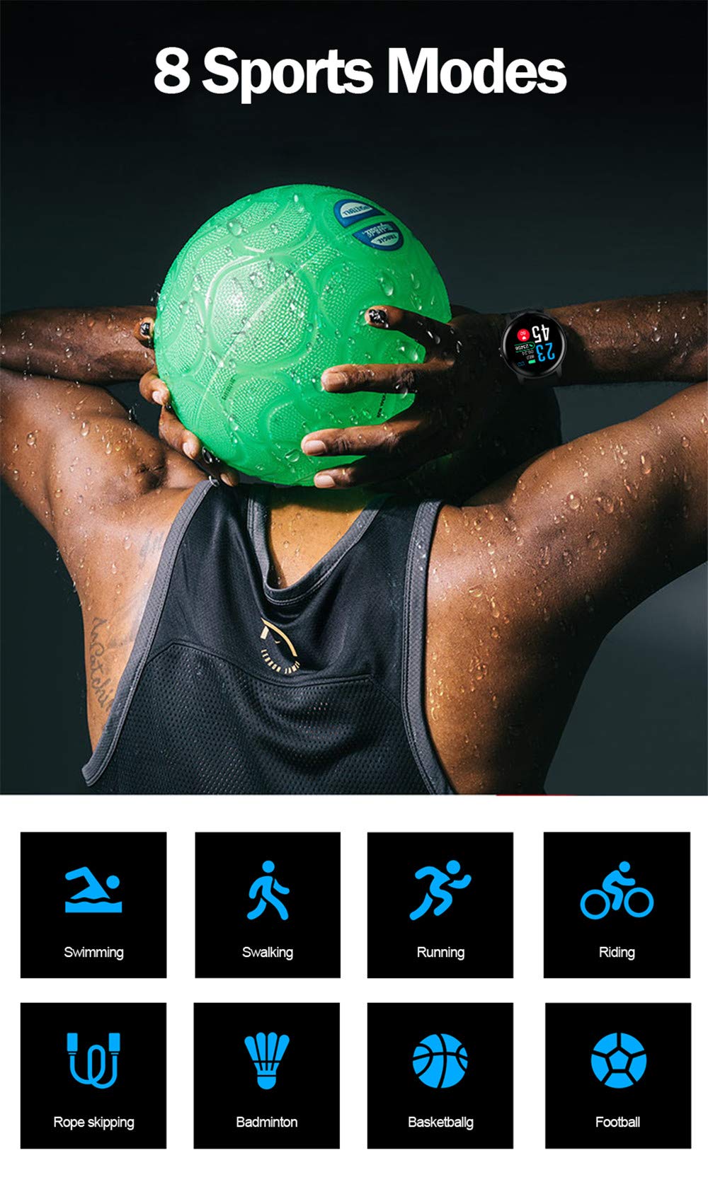 Bluetooth 4.0, IP68 Impermeabile attività Tracker 1.3 Pollici, IPS Schermo a Colori, frequenza cardiaca, Pressione sanguigna, Sonno, Calorie, Monitor, contatore Passo Nero