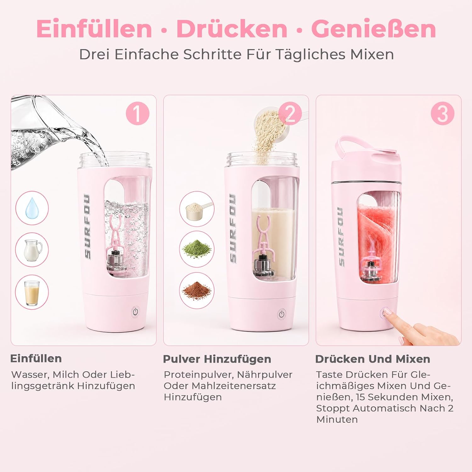 SURFOU Protein Shaker Electric 650 ml, Automatic Protein Shaker Made of Tritan, BPA-Free, Rechargeable, with Removable Base, Easy to Clean, for Protein Shakes, Matcha & Gym, Pink