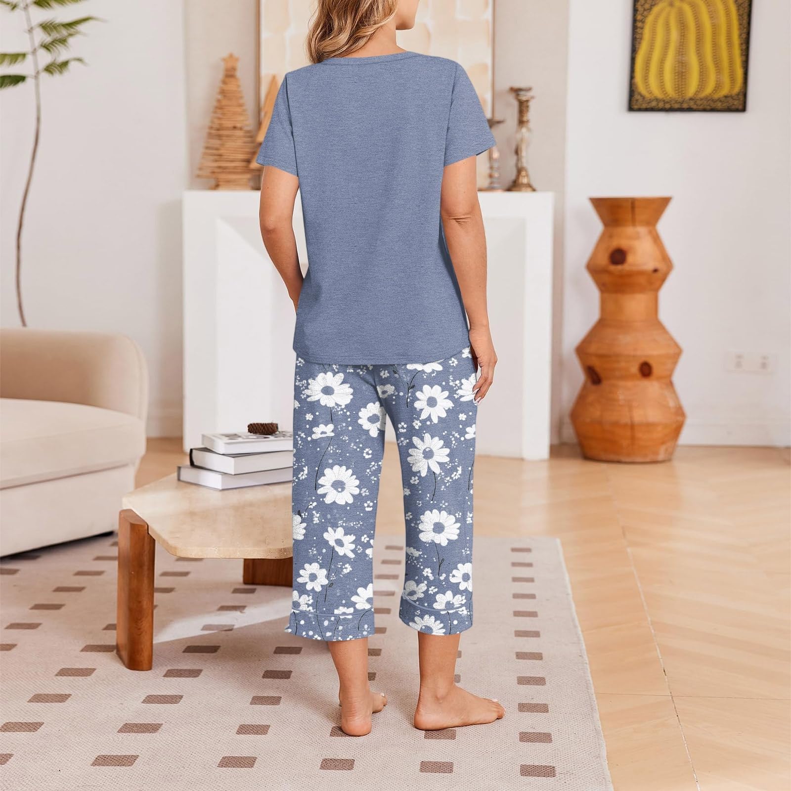 Pigiama Pinocchietto Donna Estivo Set Da Notte T Shirt Con Scollo A V
