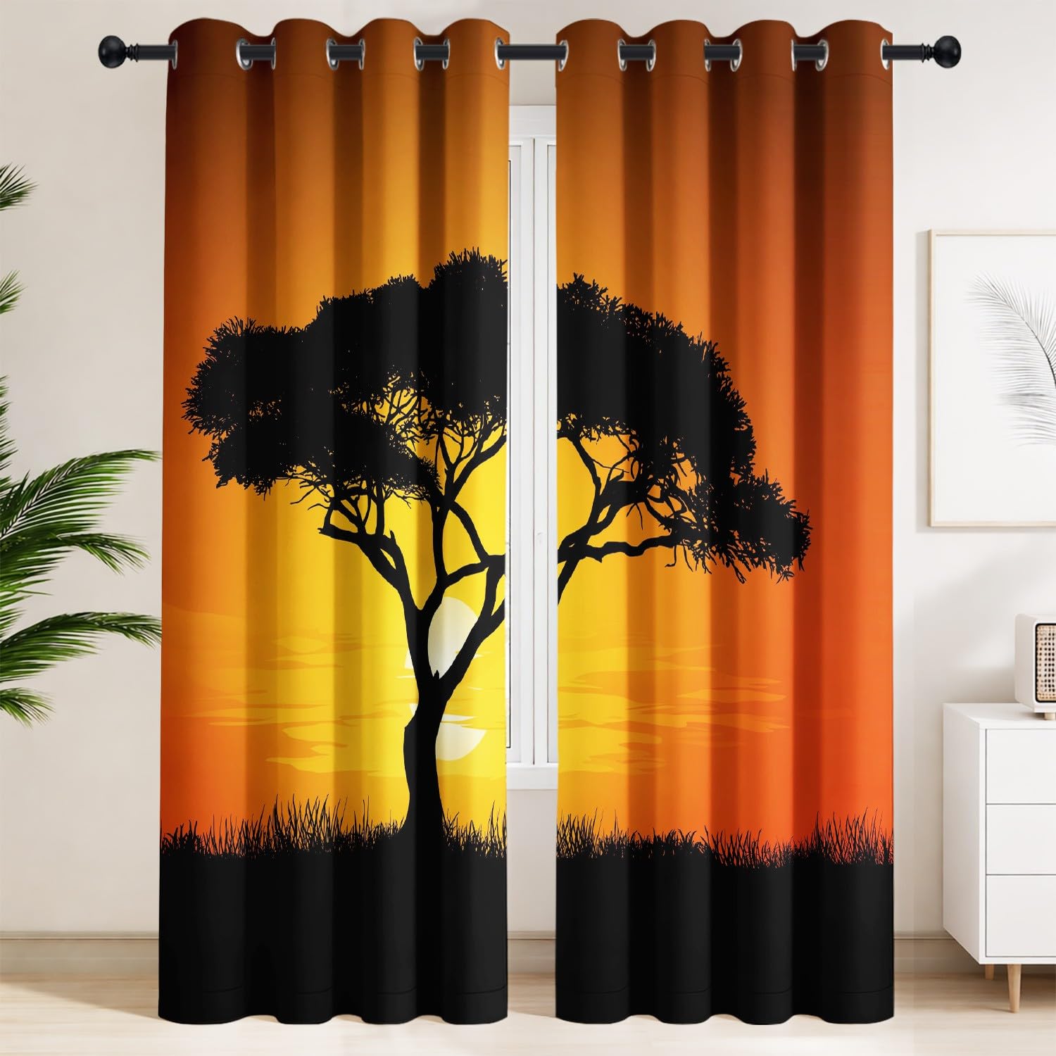 Generisch Bäume, Sonnenuntergang, Orange Vorhang Blickdicht 2er-Set B 91.5 x H 214 cm Minimalistische Silhouette, Weit, Ösen-Gardinen, Thermo-, Kälte- & Lärmschutz