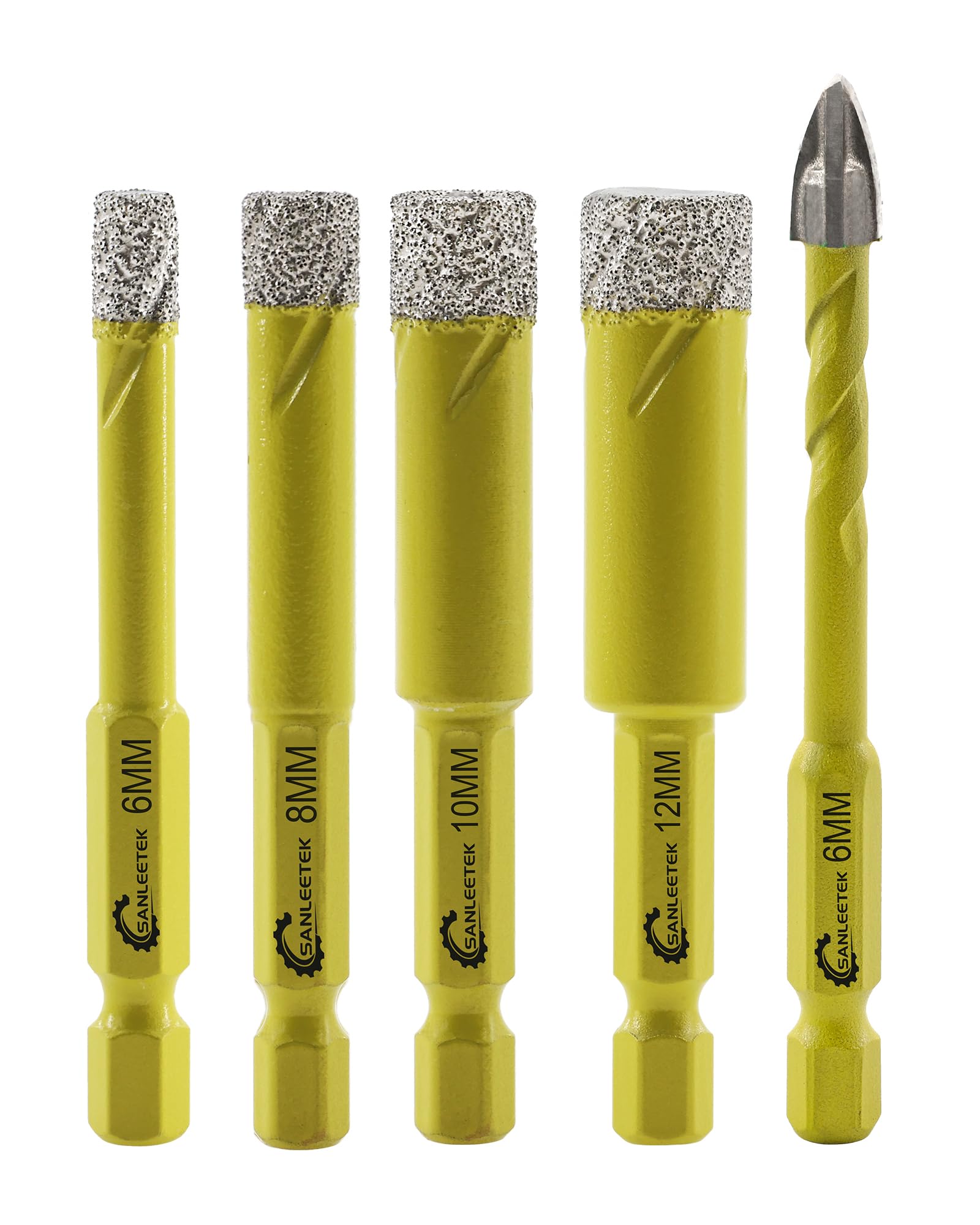 Juego de Brocas Diamante Seco - 4piezas 6/8/10/12mm Sierra Perforadora y 1pieza 6mm Taladro Carburo con Mango Hexagonal Cambio Rápido para Cerámica Porcelana Granito Mármol Cuarzo Gres SANLEETEK