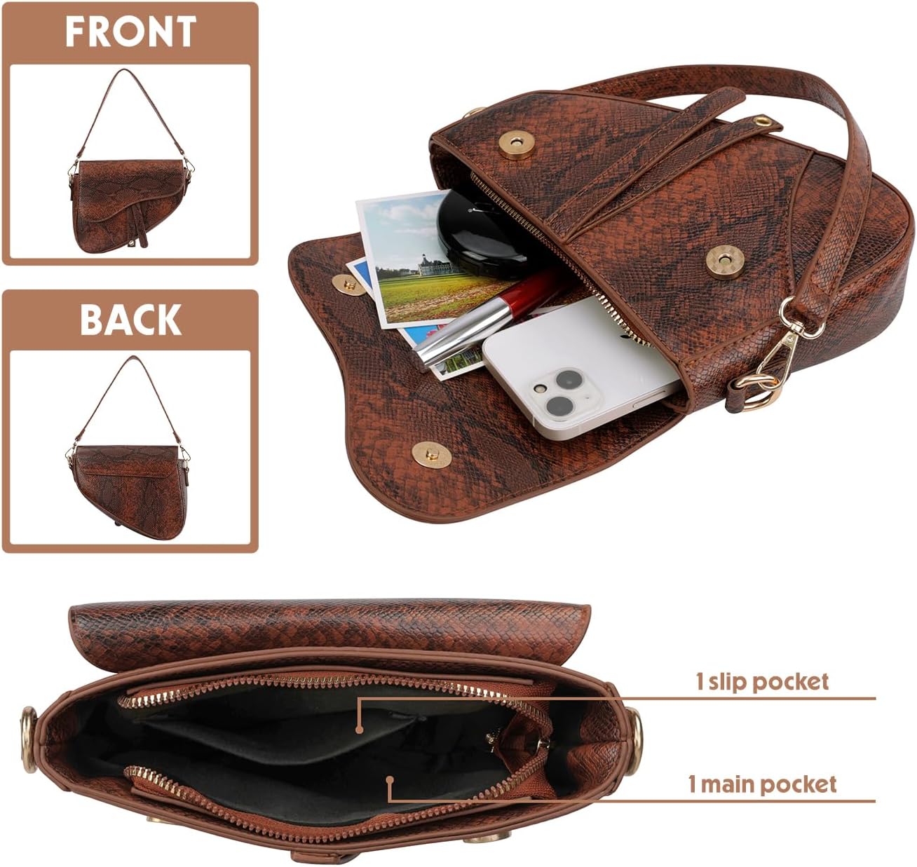 HDE Womens Saddle Shaped Convertible Shoulder Bag Trendy PU Leather Clutch Satchel Crossbody Purse Small Crocodile Handbag