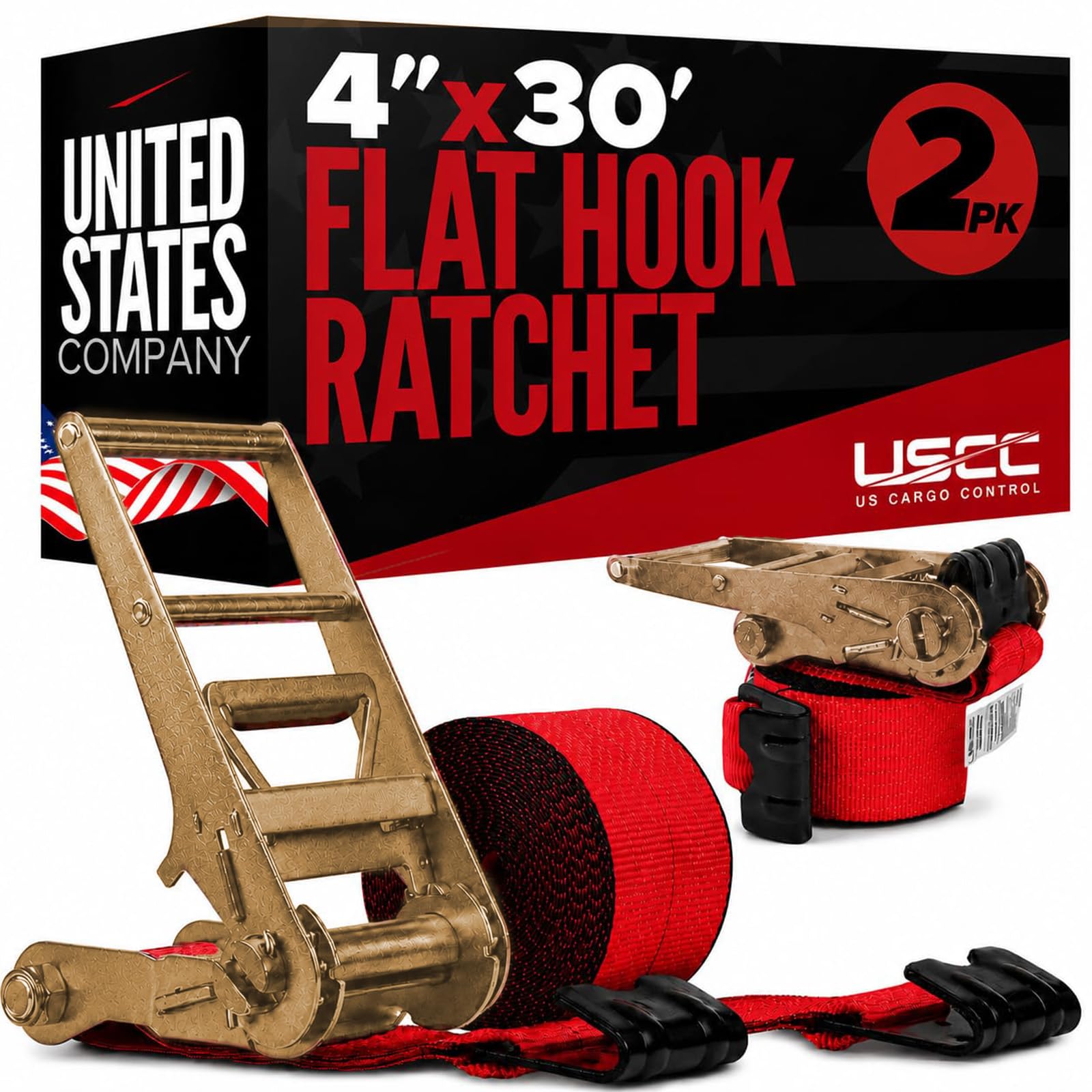 US Cargo Control Flat Hook Ratchet Straps 4” x 30’ (2-Pack), 5,400 LBS Working Load Limit, Red 4 Inch Ratchet Straps with Black Flat Hooks, Professional 4 Inch Straps for Flatbed Trailers