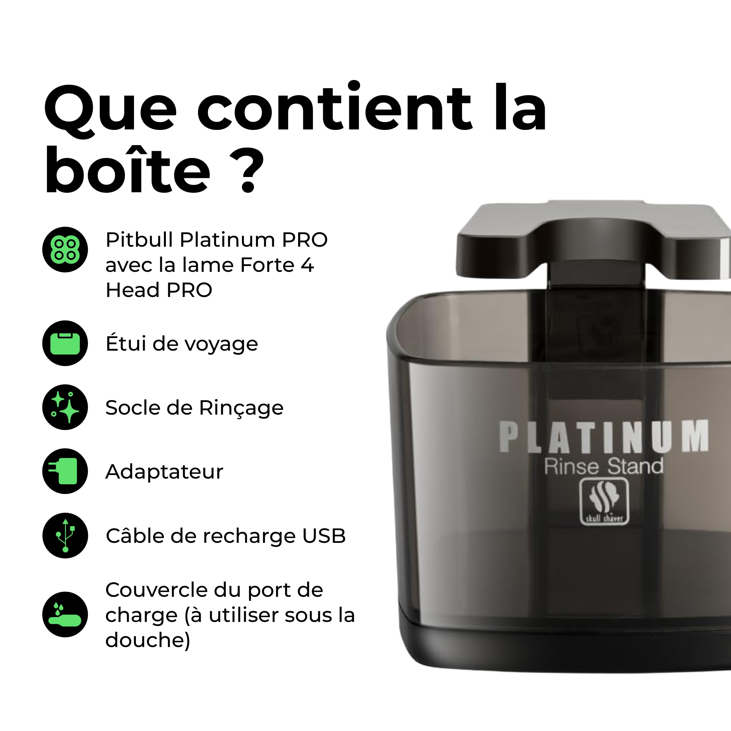 Skull Shaver Pitbull Platinum Pro - Rasoir Électrique Homme - Sans Fil, Rechargeable, Humide/Sec, Ergonomique pour Crâne Chauve - Avec Socle de Rinçage et Étui de Voyage - Lame Supplémentaire Incluse | Rasoir Électrique Homme, Sans Fil, Rechargeable, Humi