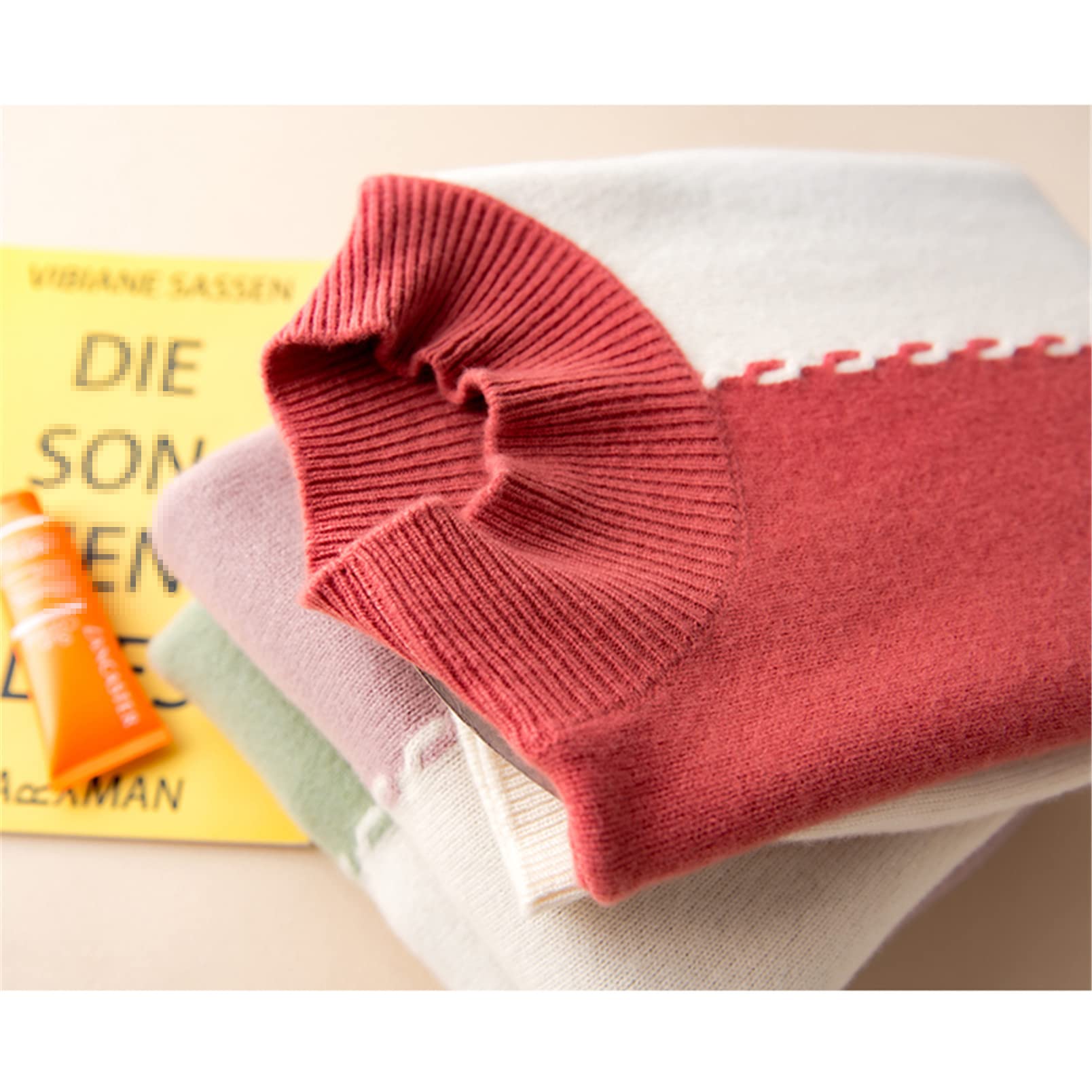 Pull en cachemire tendance à col montant pour femme, Rouge, XL