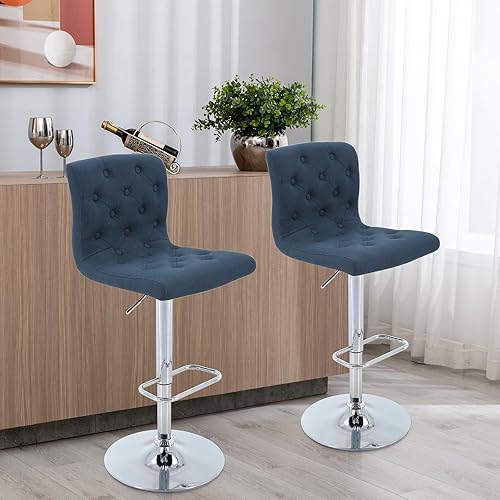 Miniatura 2 de Brage Living Juego de 2 taburetes de bar de tela copetudos, taburetes de bar giratorios ajustables con respaldo, sillas de bar tapizadas sin brazos