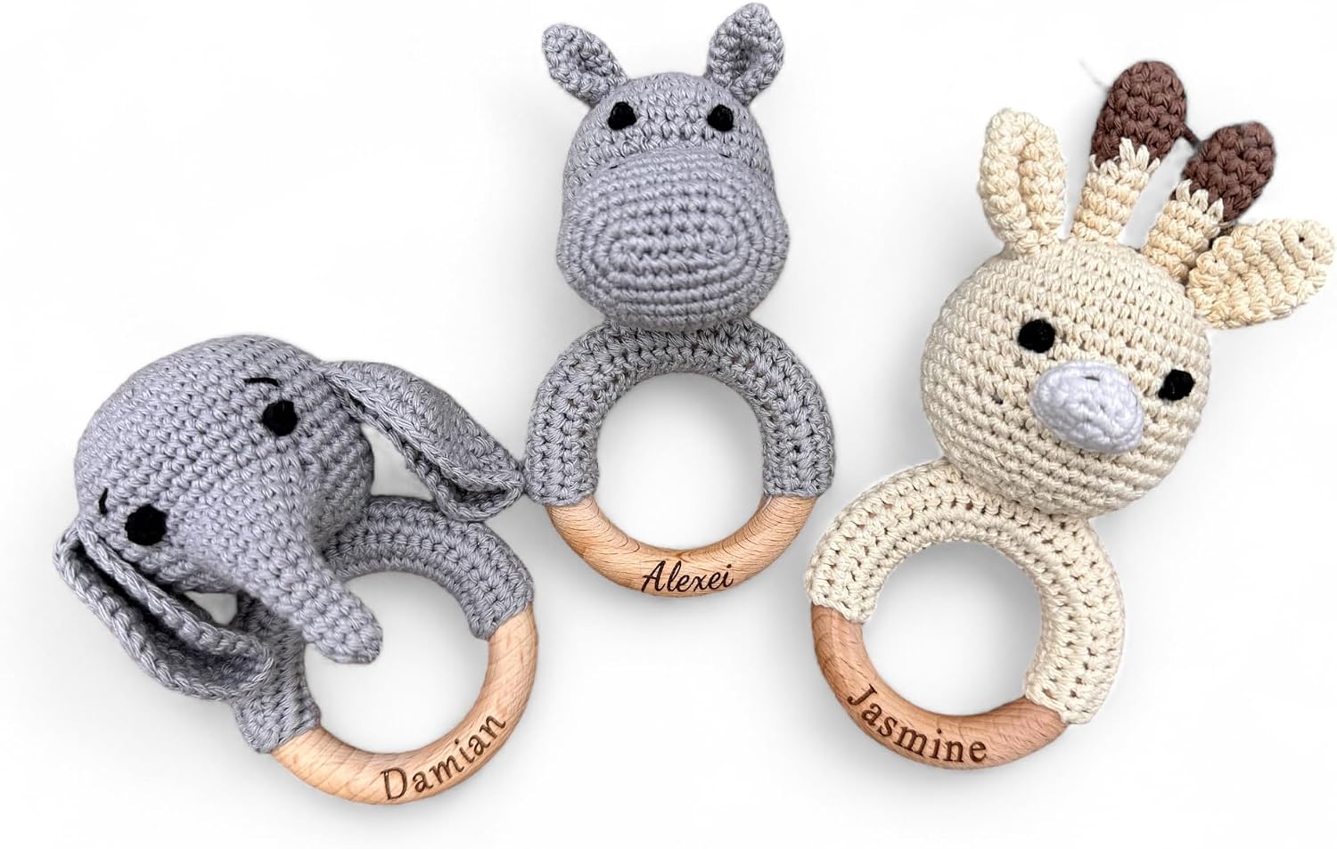 Handmade Crochet Animal Baby Rattle – Wooden Ring | Personalized Elephant, Hippo & Giraffe Options