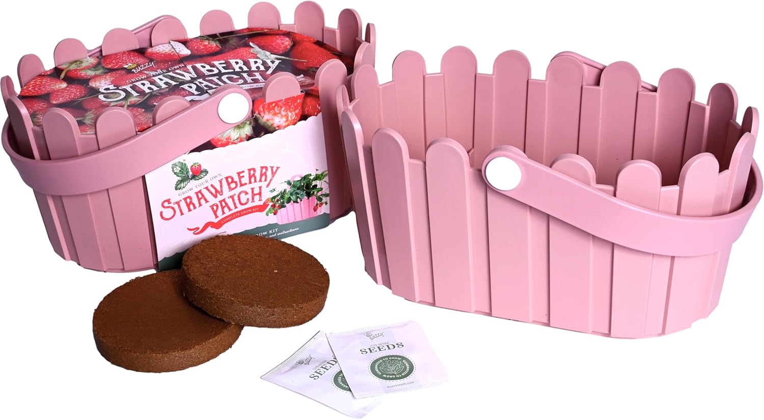 Buzzy Seeds Strawberry Grow Kit Pink Picket Fence Berry Basket with Grandian Seeds, Indoor Planting Starter Kit, DIY Garden Project, Gardening Gift for Women