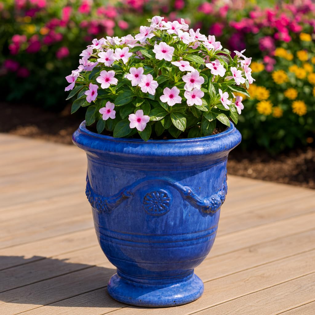 Vaso per fiori/Piantatore, vaso in gres smaltato, modello Anduze in blu 35x42cm, resistente al gelo e fatto a mano