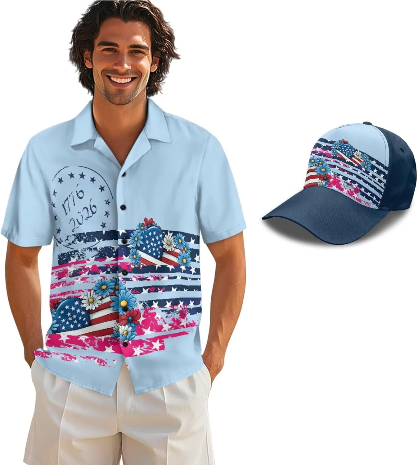 Mens Patriotic Button Down Shirt & USA 250th Anniversary Hat Set, Short Sleeve 4th of July Shirts with Baseball Cap