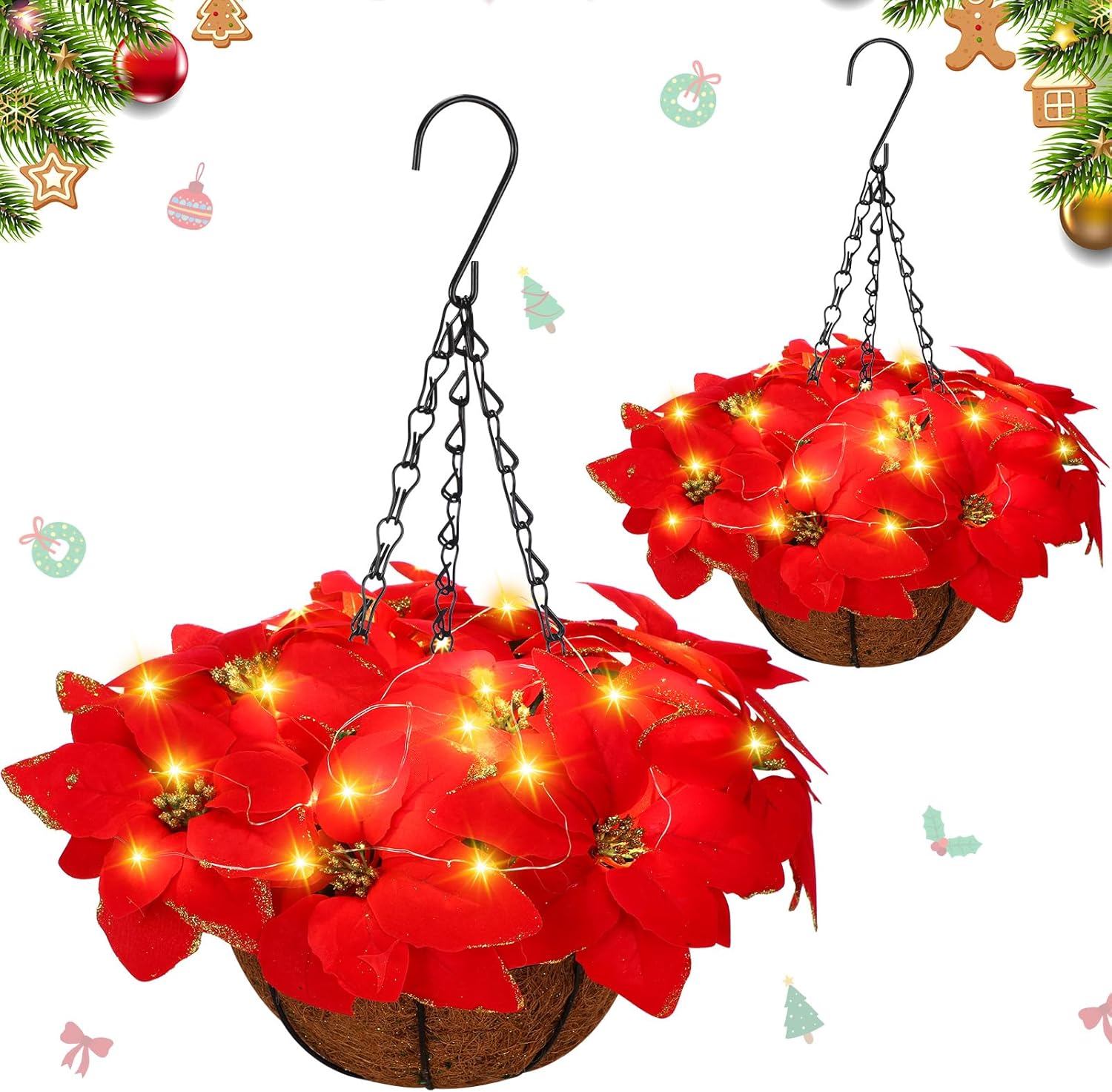 HyDren 2 Pack Pre Lit Artificial Poinsettia Flowers Christmas Hanging Basket 2 Pcs Colorful LED String Lights for Indoor Outdoor Garden Patio Porch (red and Gold)